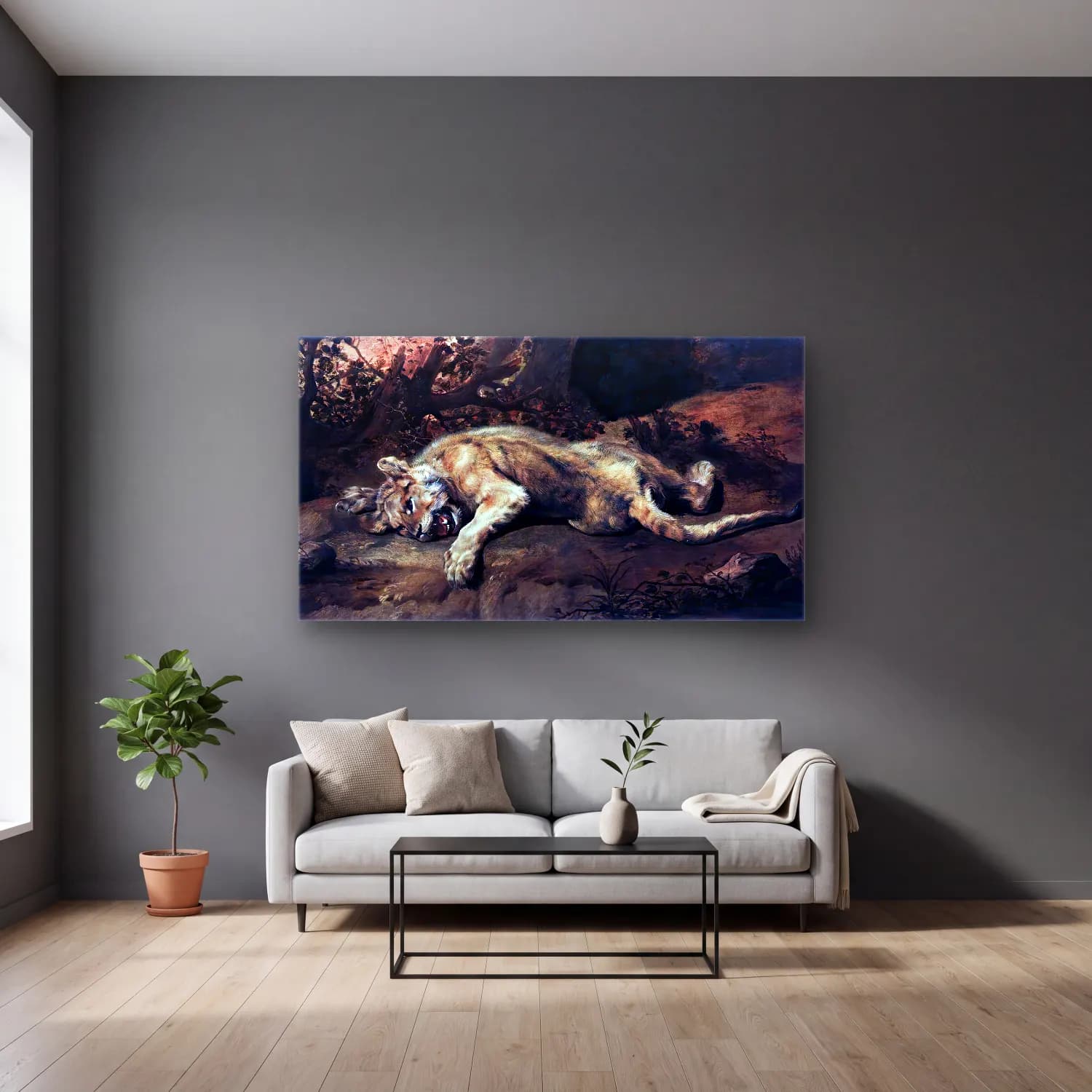 Frans Snyders – The Lioness cam tablo — gri duvarlı salonda
