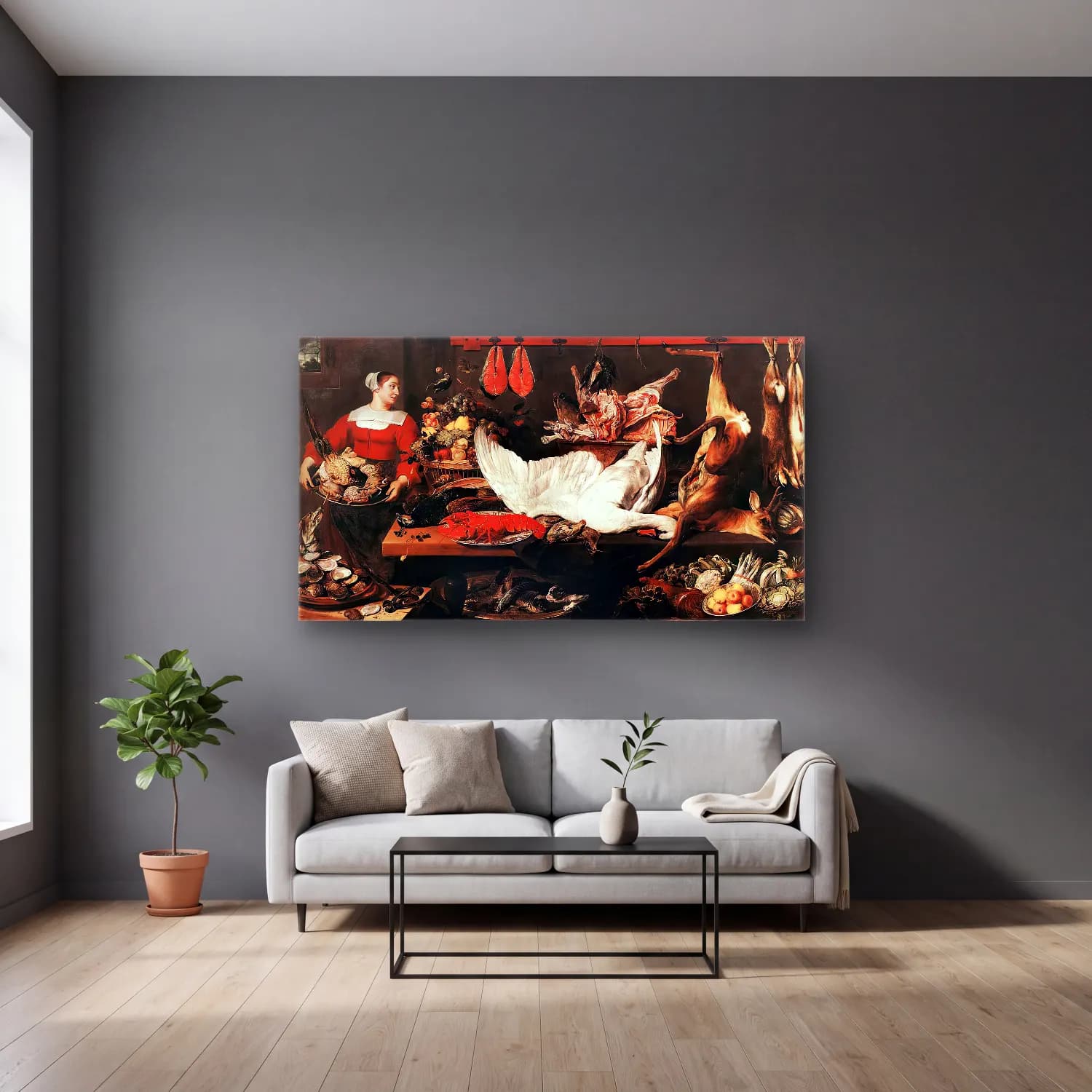 Frans Snyders – The Pantry cam tablo — gri duvarlı salonda
