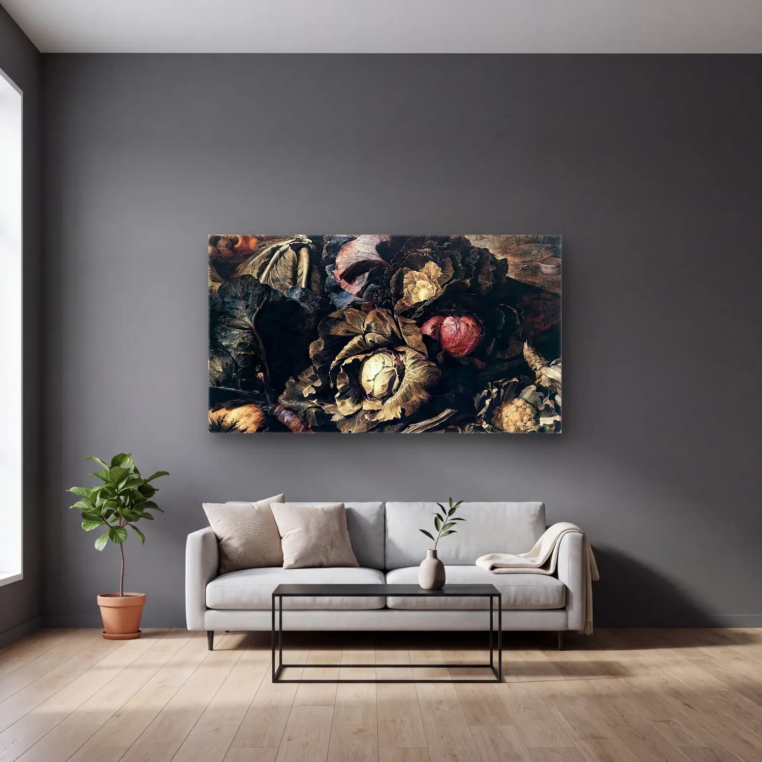 Frans Snyders – Vegetable Still-Life cam tablo — gri duvarlı salonda