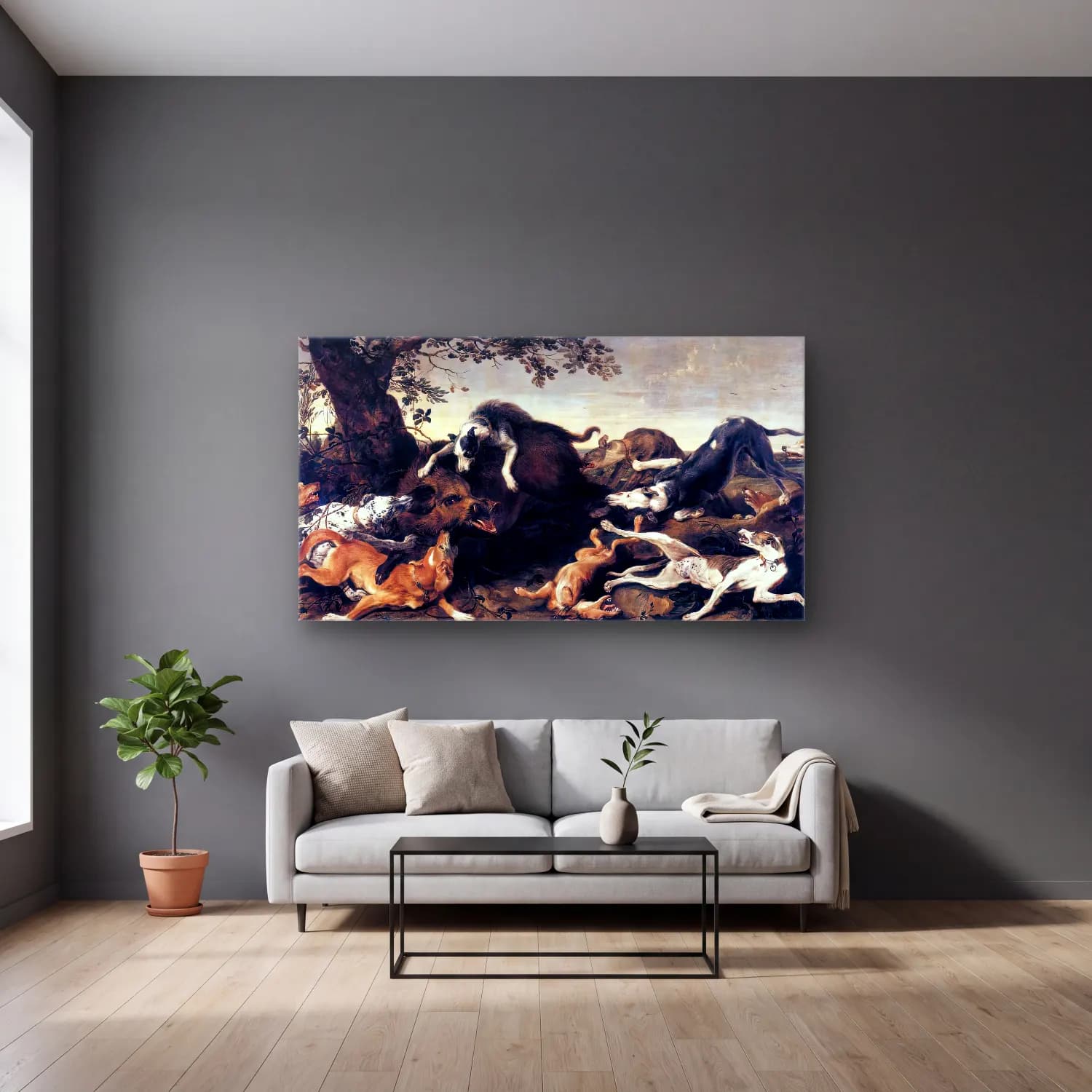 Frans Snyders – Wild Boar Hunt cam tablo — gri duvarlı salonda