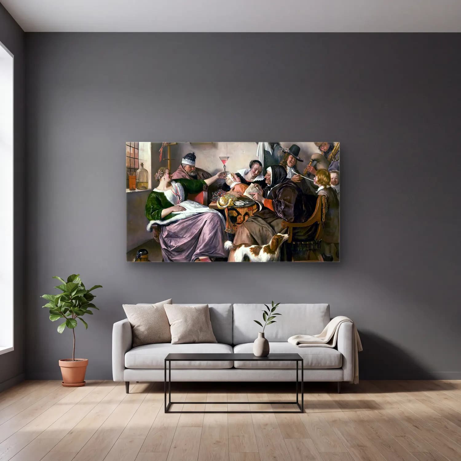 Jan Steen – As the Old Sing, So Pipe the Young cam tablo — gri duvarlı salonda