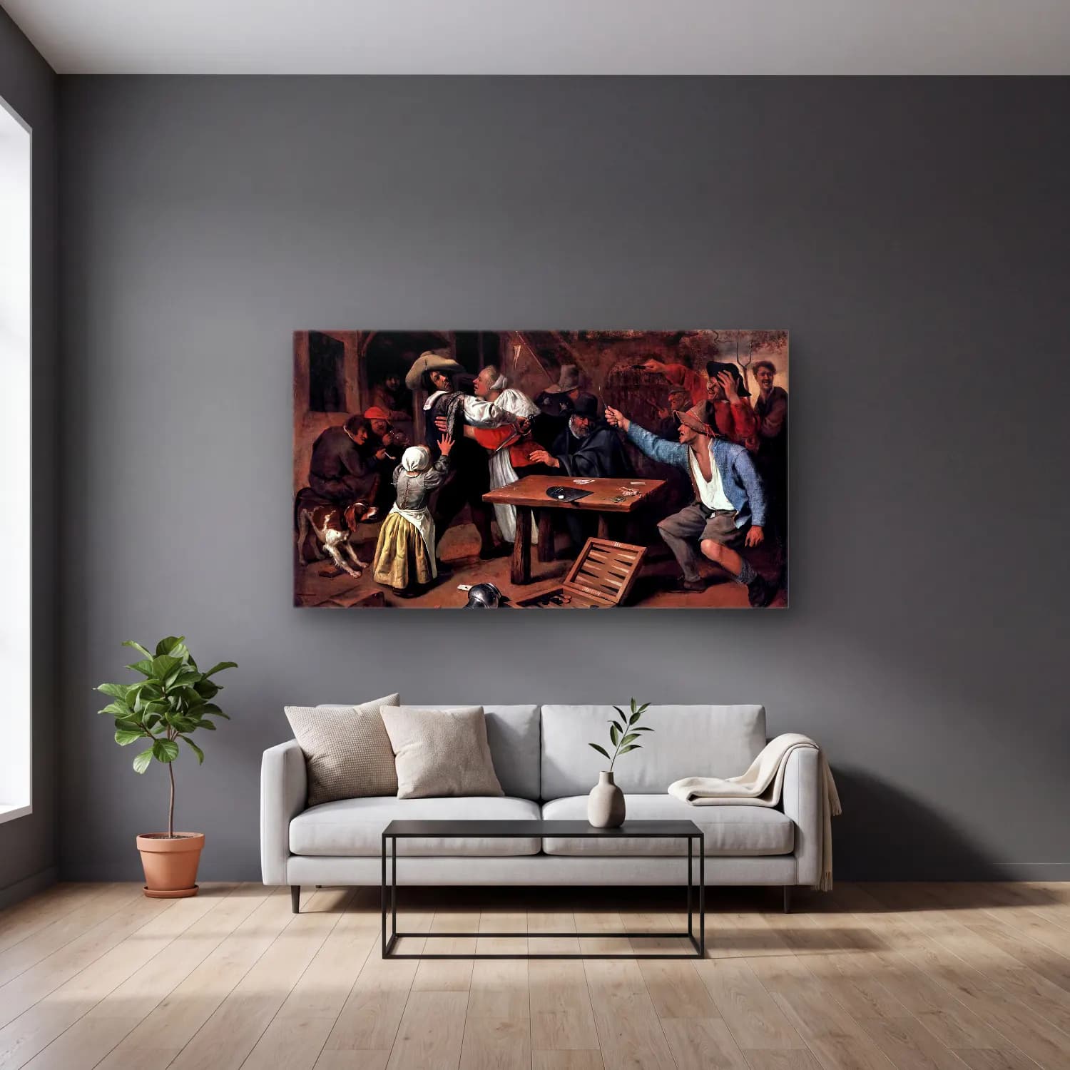 Jan Steen – Argument over a Card Game cam tablo — gri duvarlı salonda