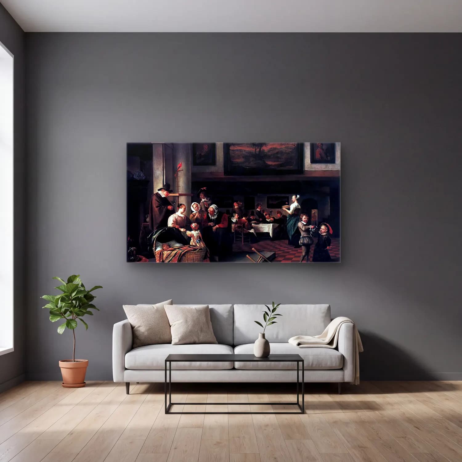 Jan Steen – Baptism ( So de oude songen, so pypen de jongen ) cam tablo — gri duvarlı salonda