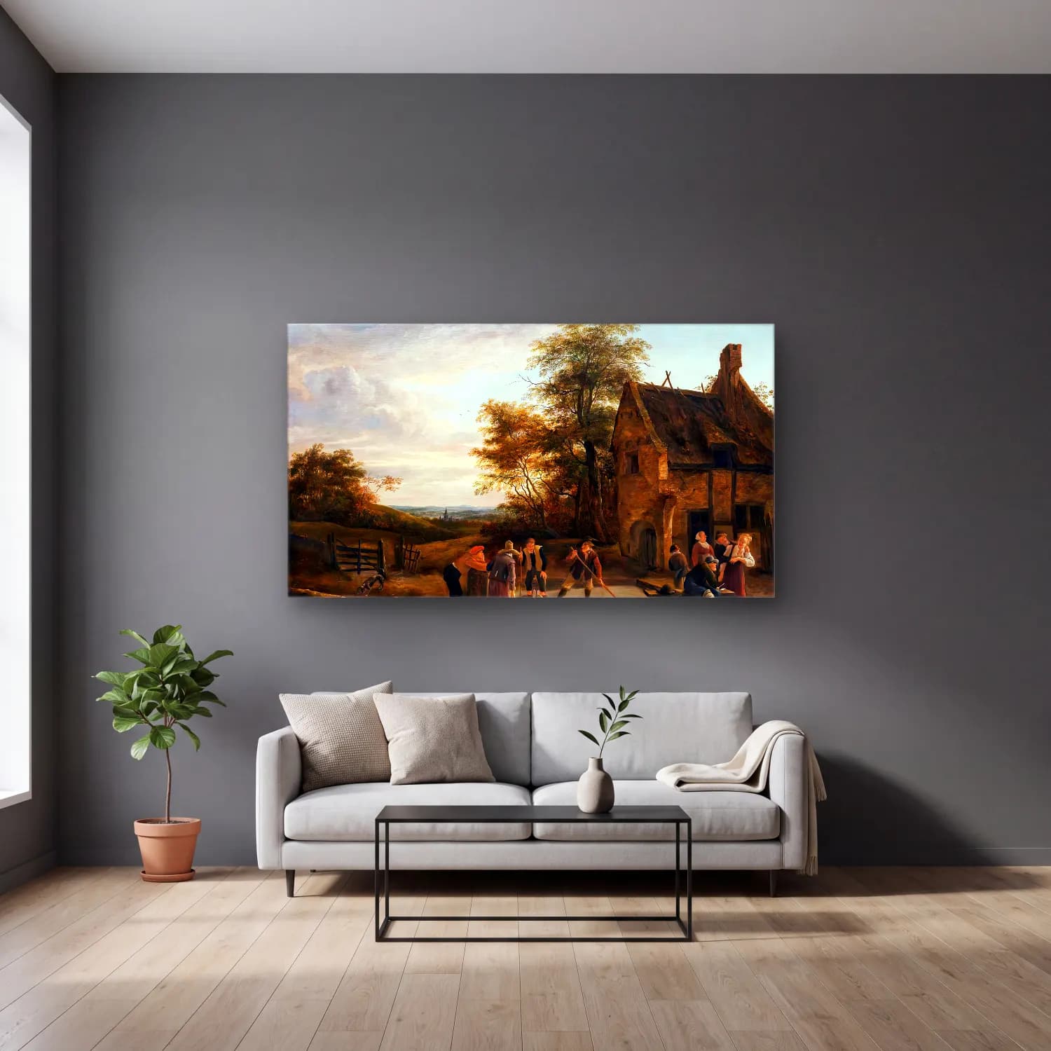 Jan Steen – Before an Inn cam tablo — gri duvarlı salonda