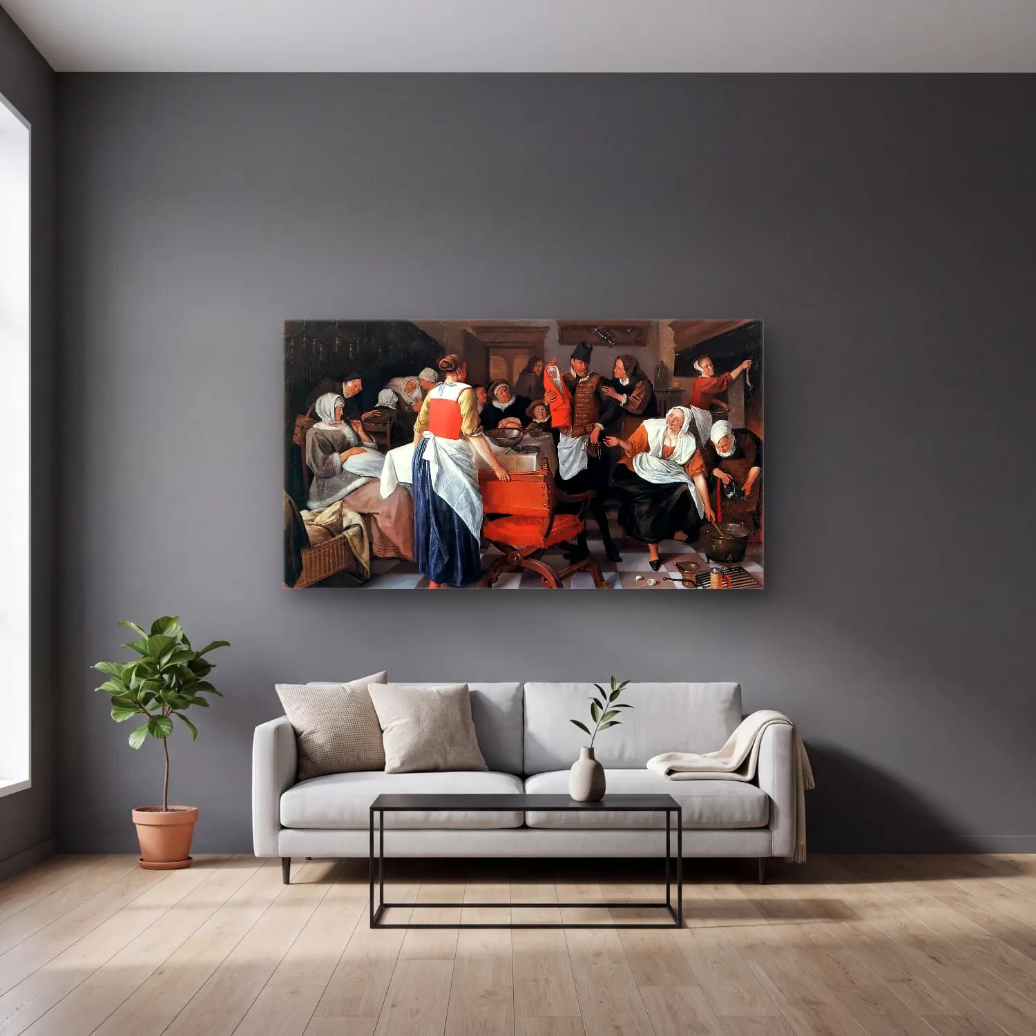 Jan Steen – Celebrating the Birth cam tablo — gri duvarlı salonda
