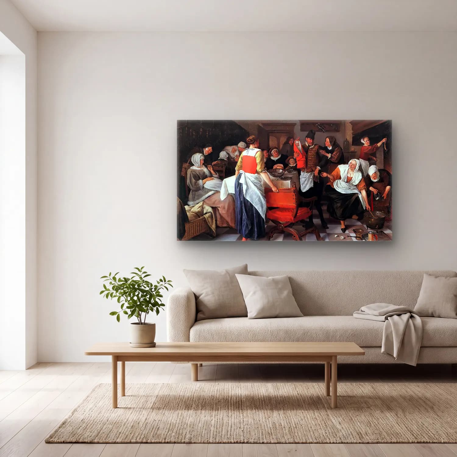 Jan Steen – Celebrating the Birth cam tablo — açık renk salonda