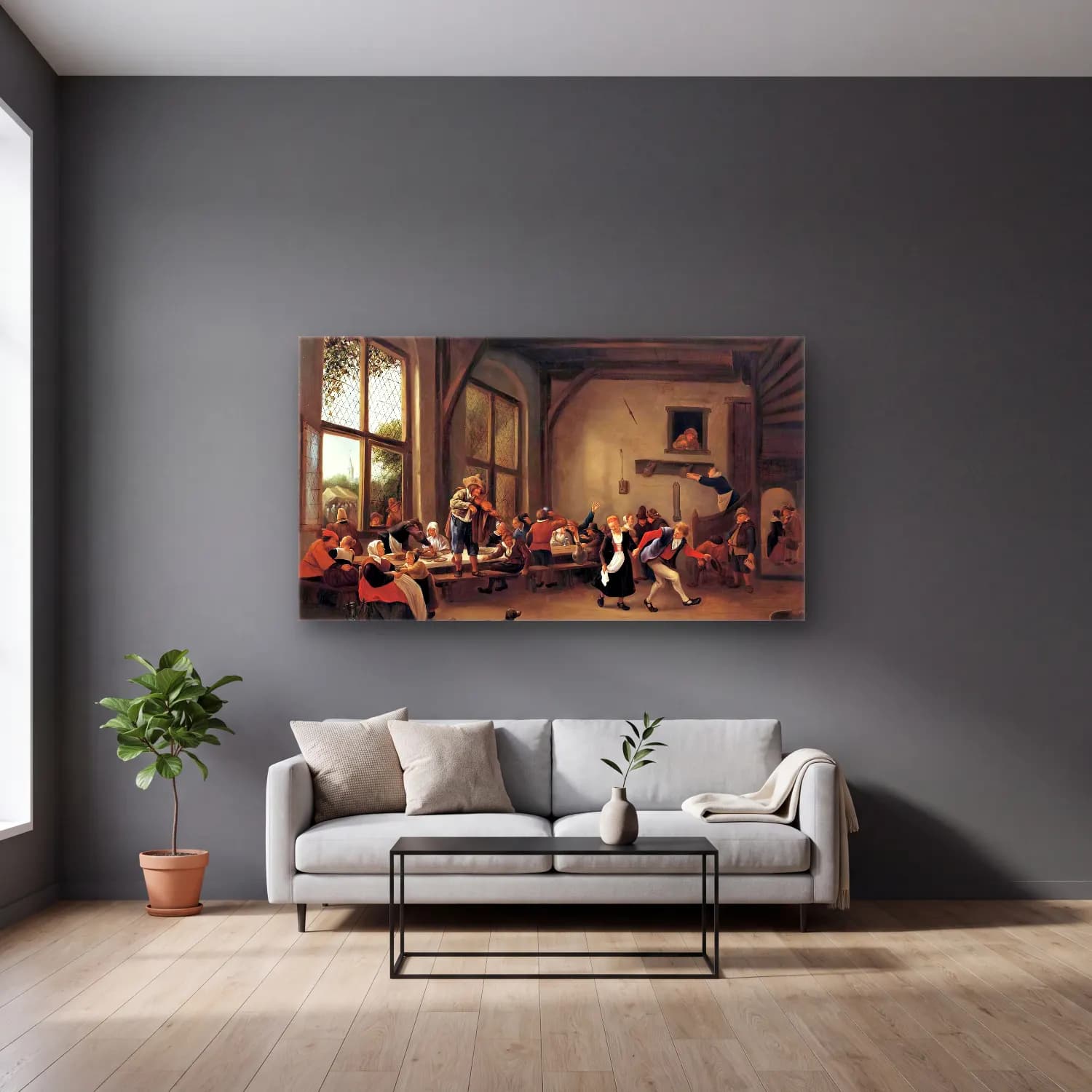 Jan Steen – Country Wedding cam tablo — gri duvarlı salonda