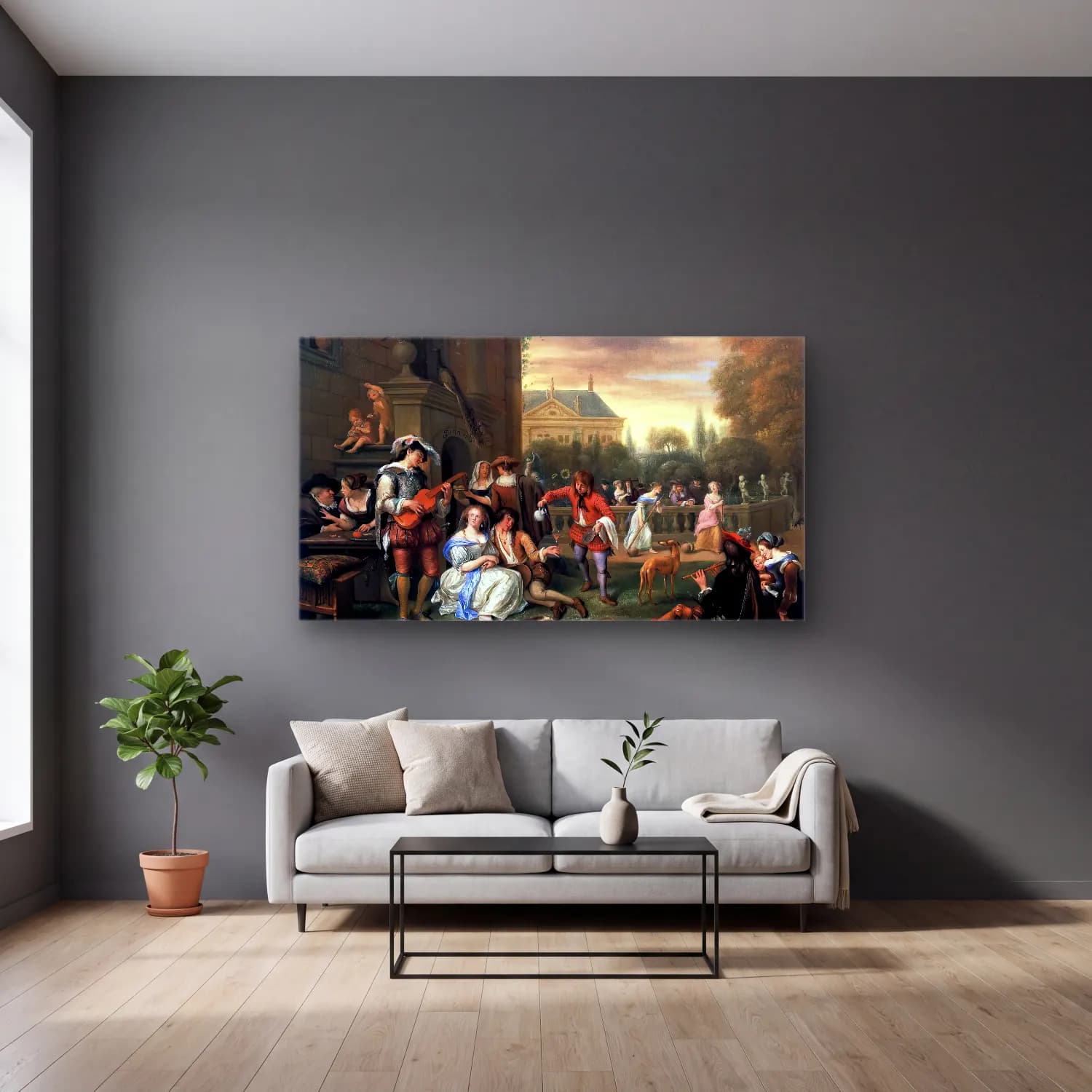 Jan Steen – Garden Party cam tablo — gri duvarlı salonda