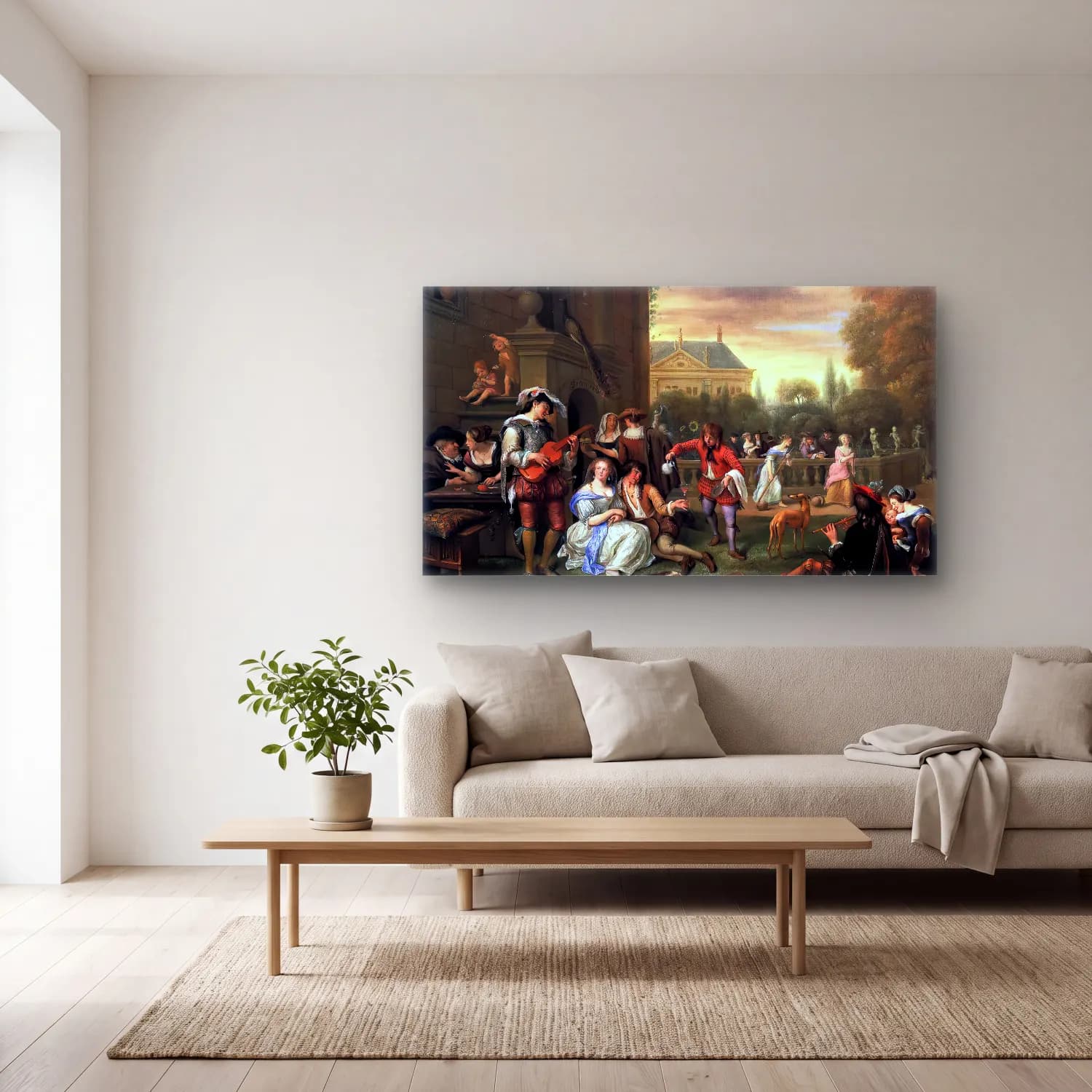 Jan Steen – Garden Party cam tablo — açık renk salonda