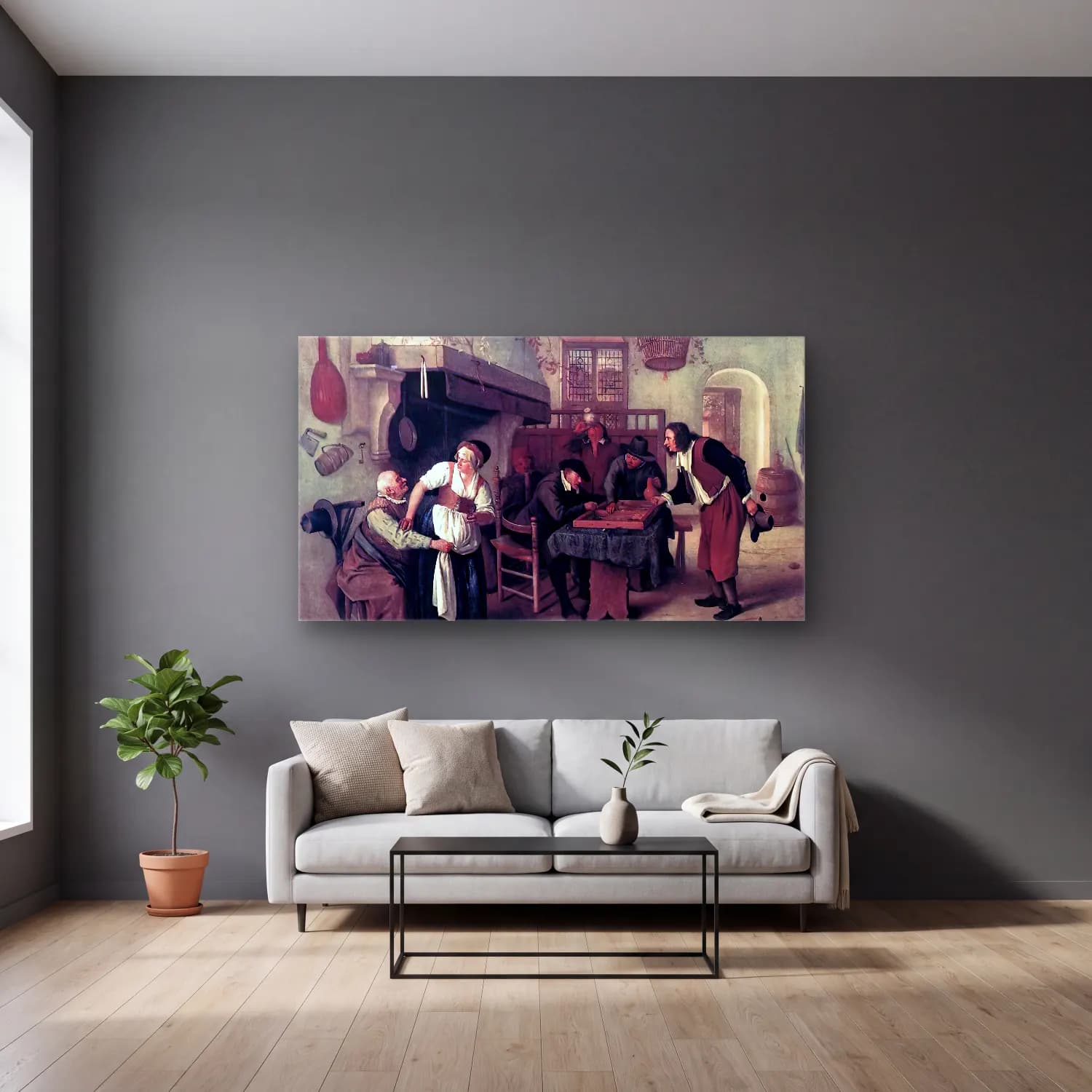 Jan Steen – In the Tavern cam tablo — gri duvarlı salonda