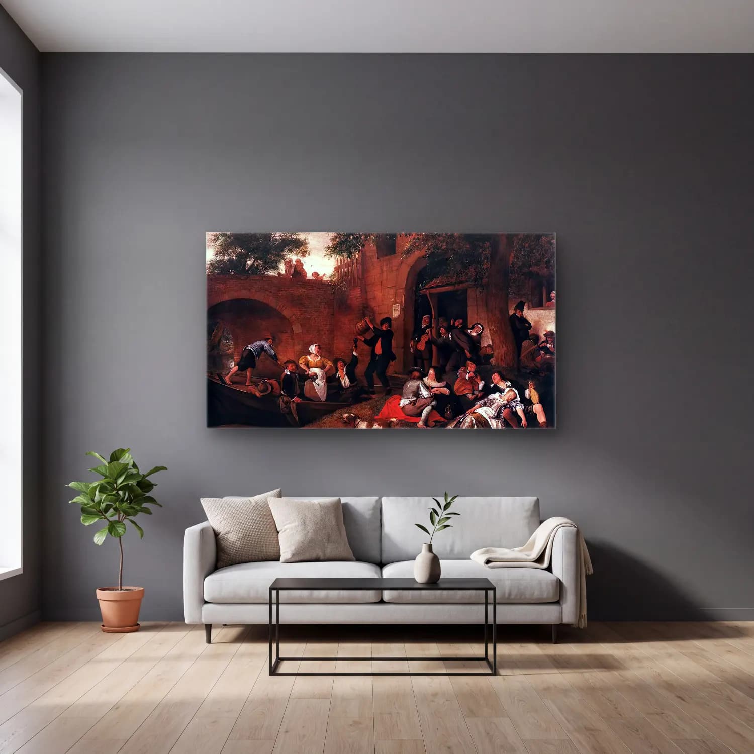 Jan Steen – Leaving the Tavern cam tablo — gri duvarlı salonda