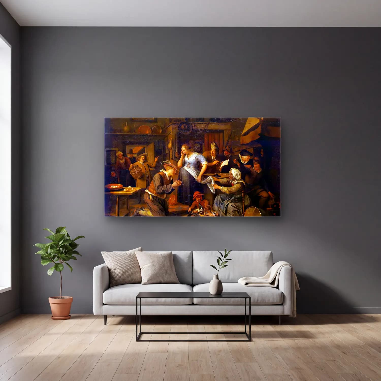 Jan Steen – Marriage Contract cam tablo — gri duvarlı salonda