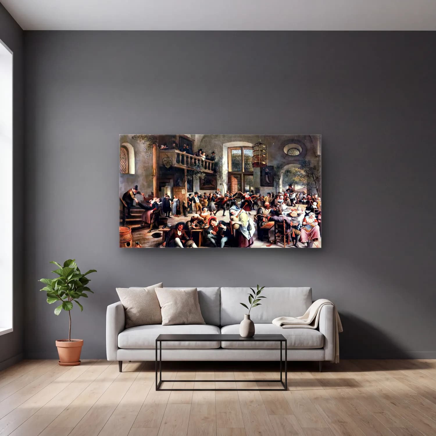 Jan Steen – Revelry at an Inn cam tablo — gri duvarlı salonda