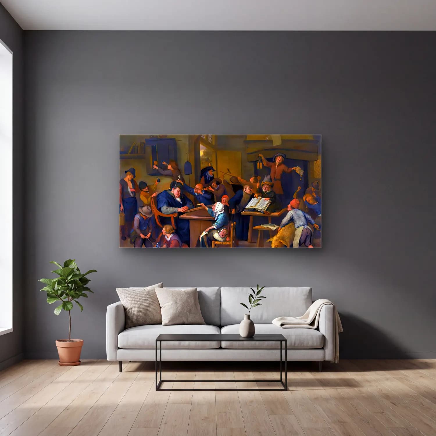 Jan Steen – Riotous Schoolroom with a Snoozing Schoolmaster cam tablo — gri duvarlı salonda