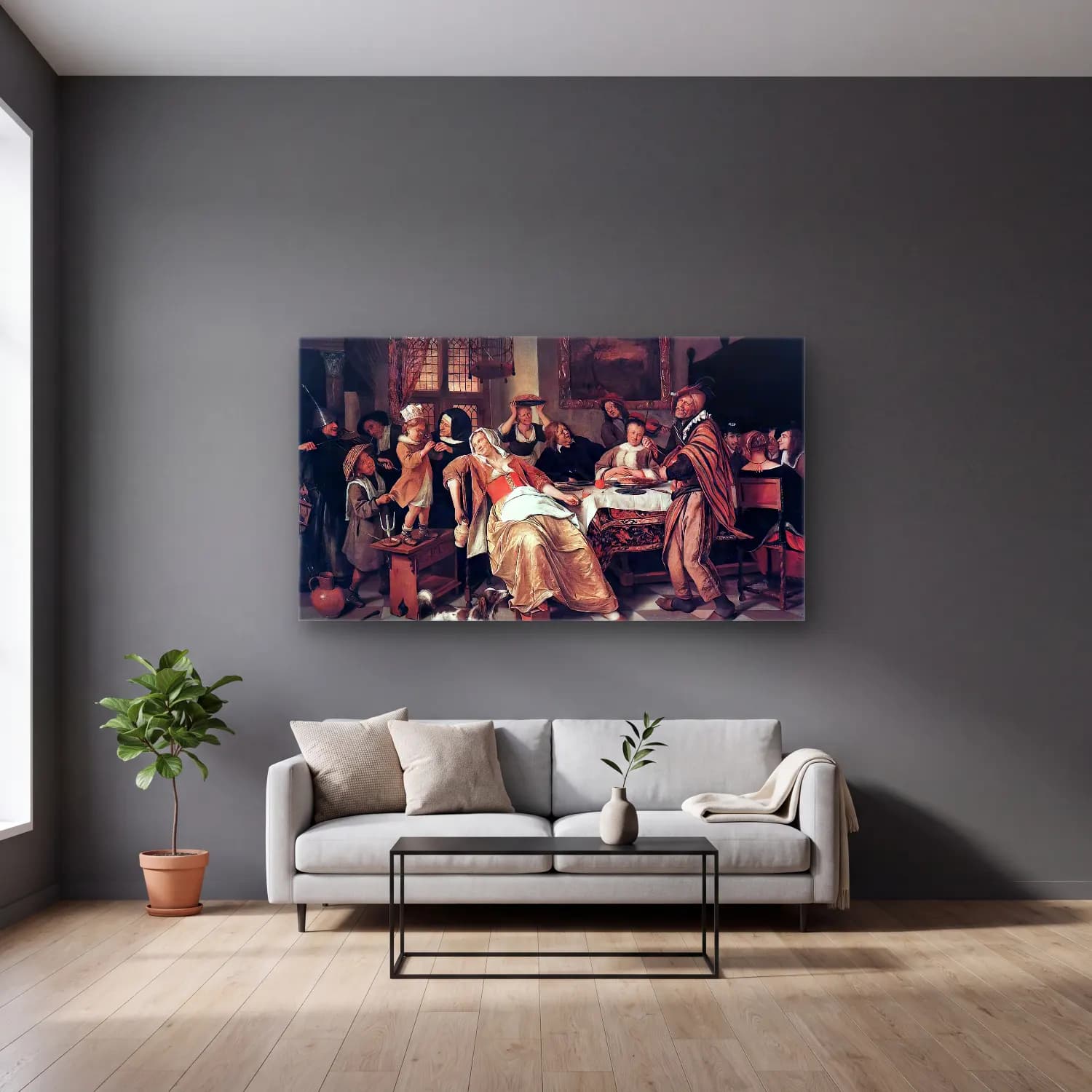 Jan Steen – The Bean Feast cam tablo — gri duvarlı salonda