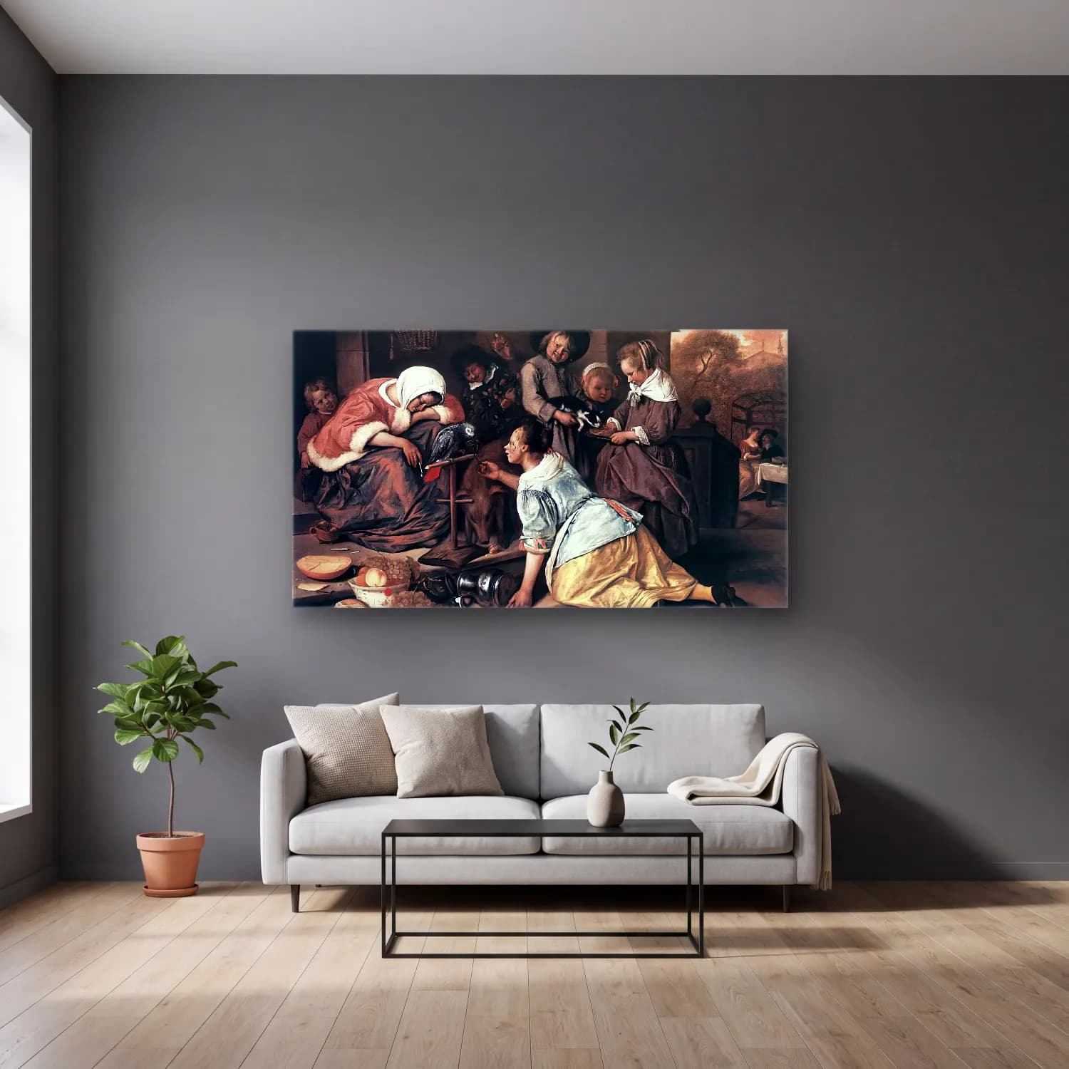 Jan Steen – The Effects of Intemperance cam tablo — gri duvarlı salonda