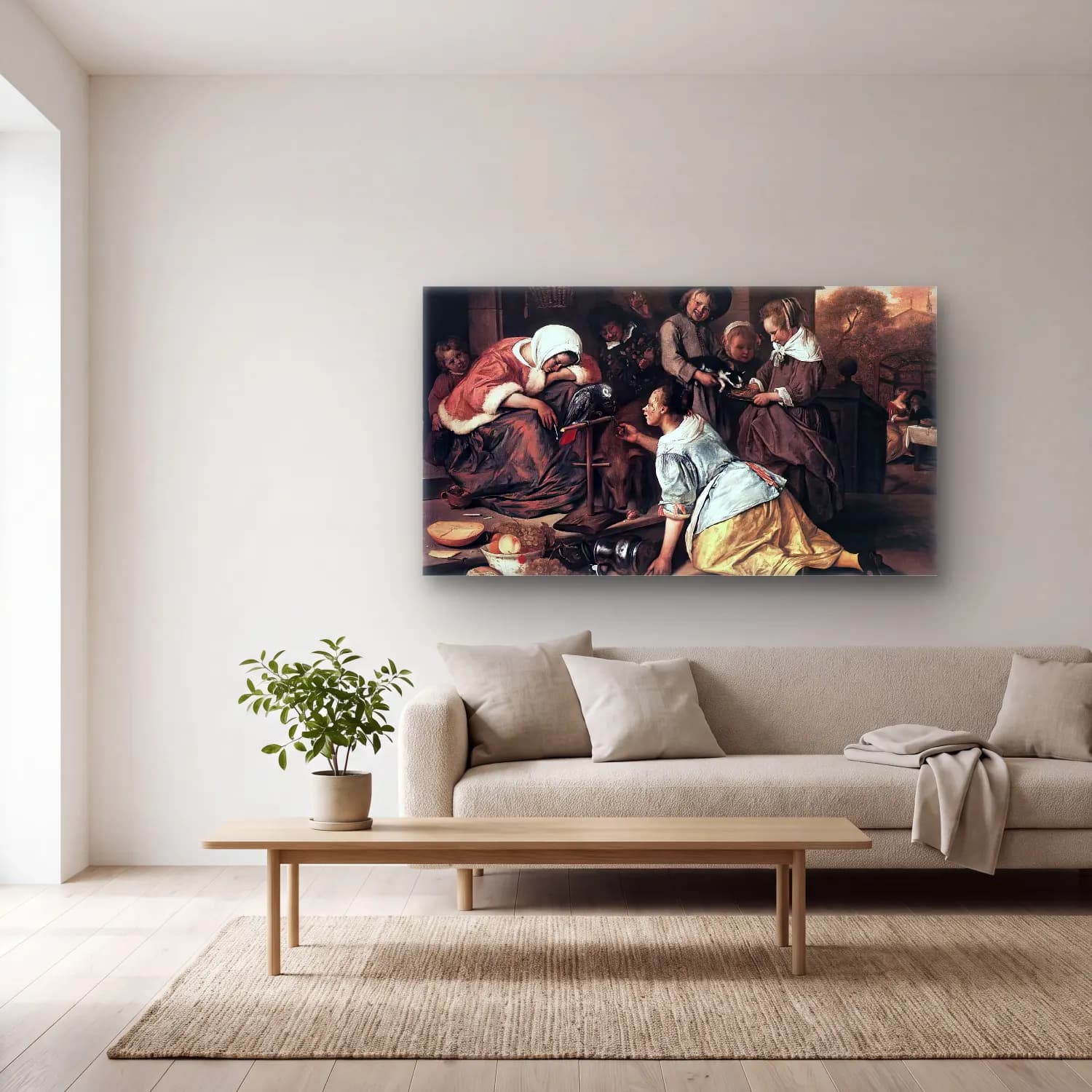 Jan Steen – The Effects of Intemperance cam tablo — açık renk salonda