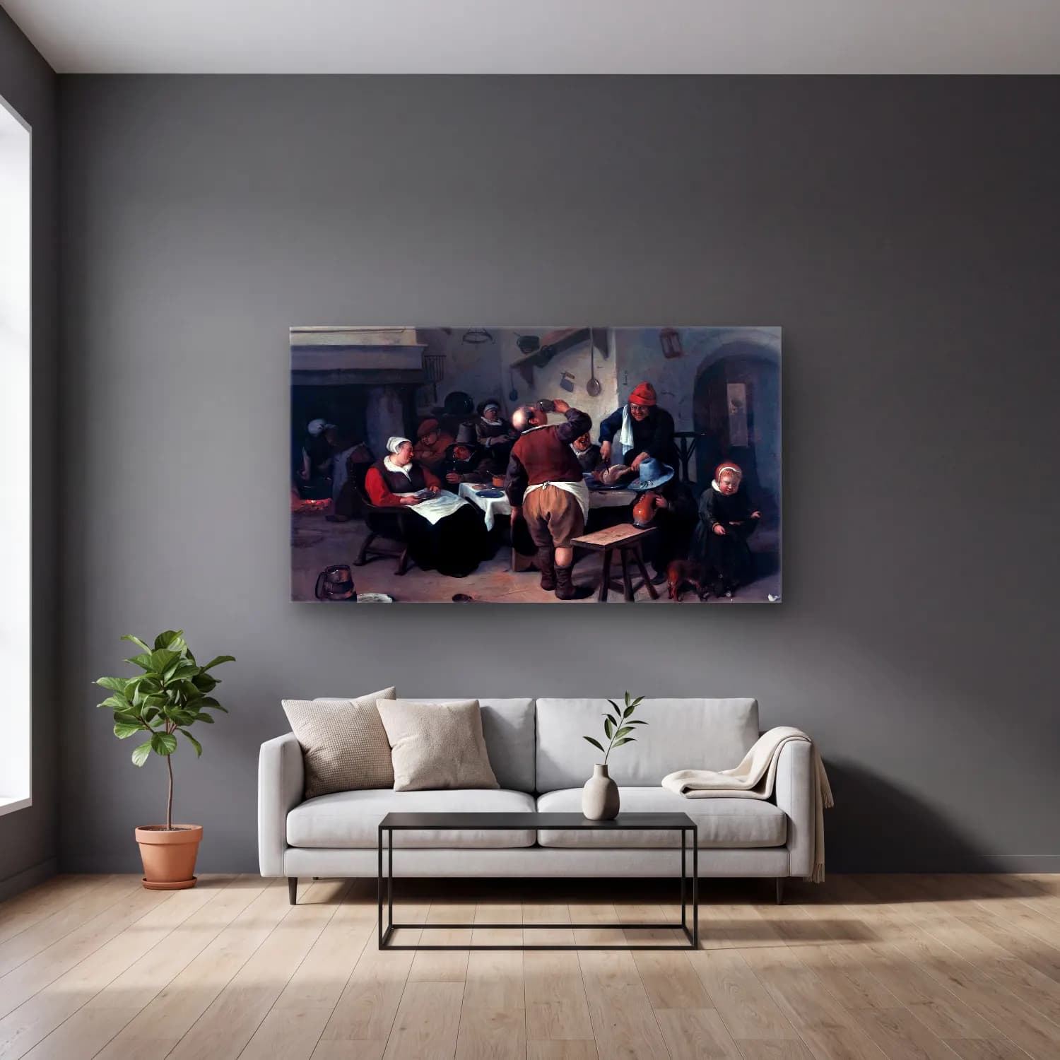 Jan Steen – The Fat Kitchen cam tablo — gri duvarlı salonda