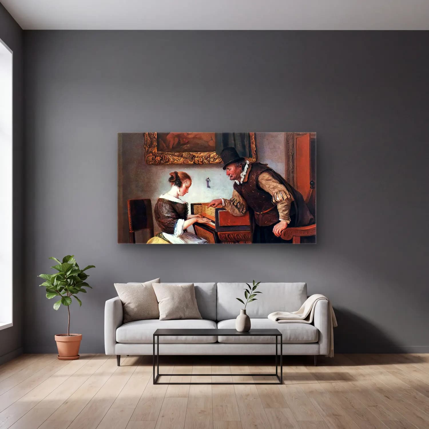 Jan Steen – The Harpsichord Lesson cam tablo — gri duvarlı salonda