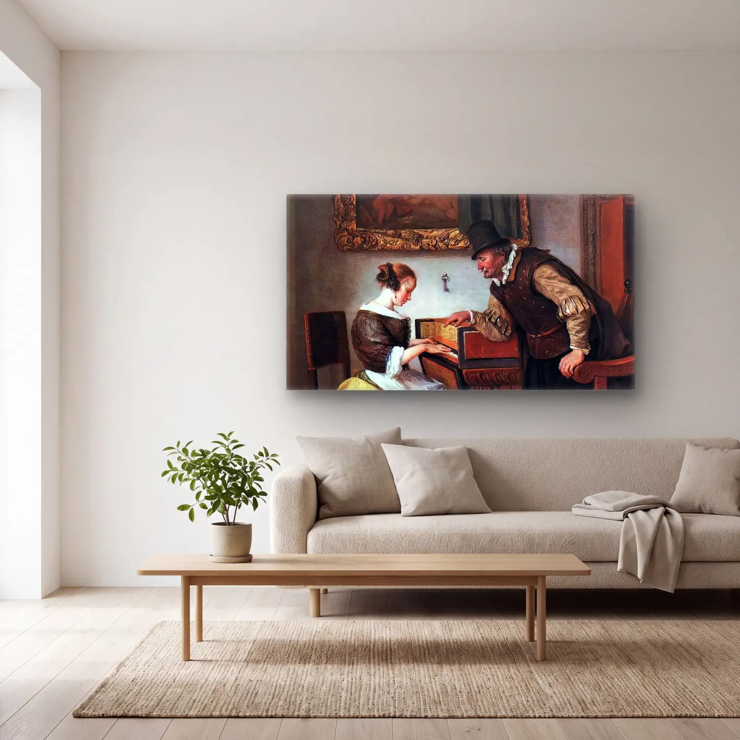 Jan Steen – The Harpsichord Lesson cam tablo — açık renk salonda
