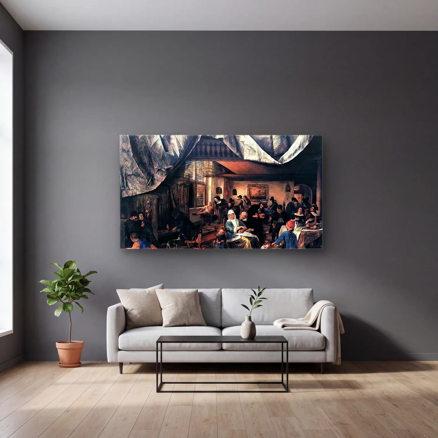 Jan Steen – The Life of Man cam tablo — gri duvarlı salonda