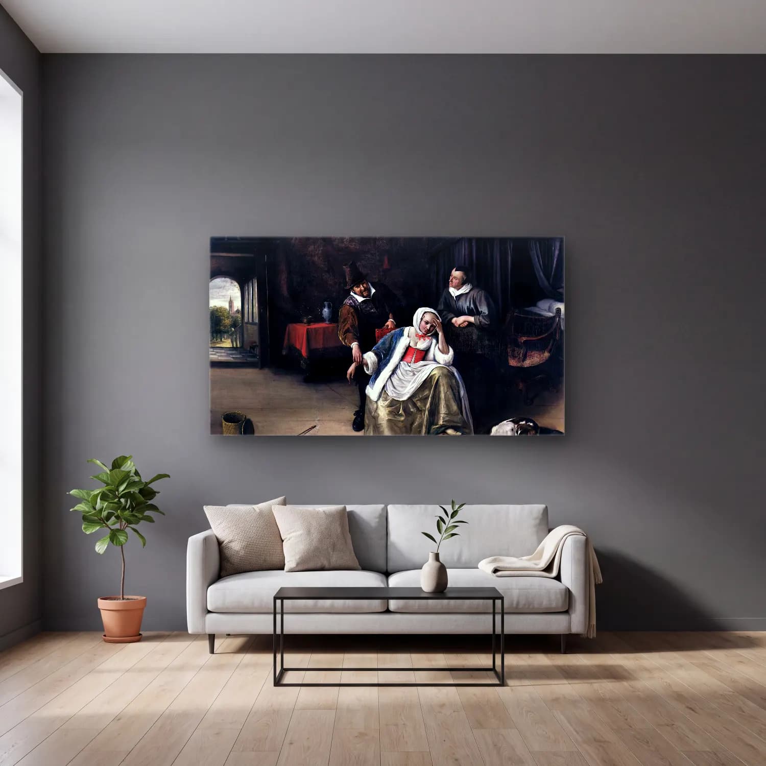 Jan Steen – The Lovesick Maiden cam tablo — gri duvarlı salonda