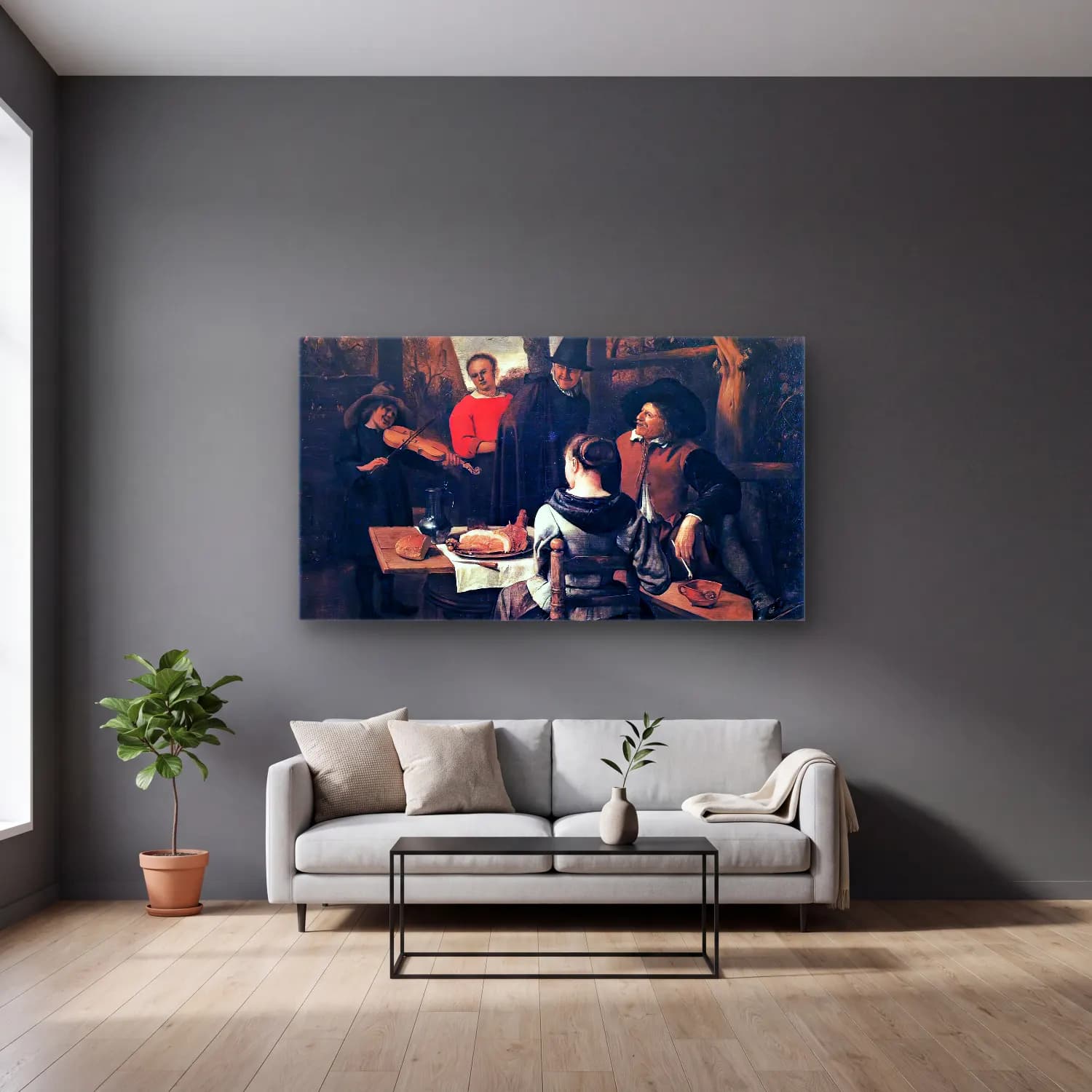 Jan Steen – The Meal cam tablo — gri duvarlı salonda