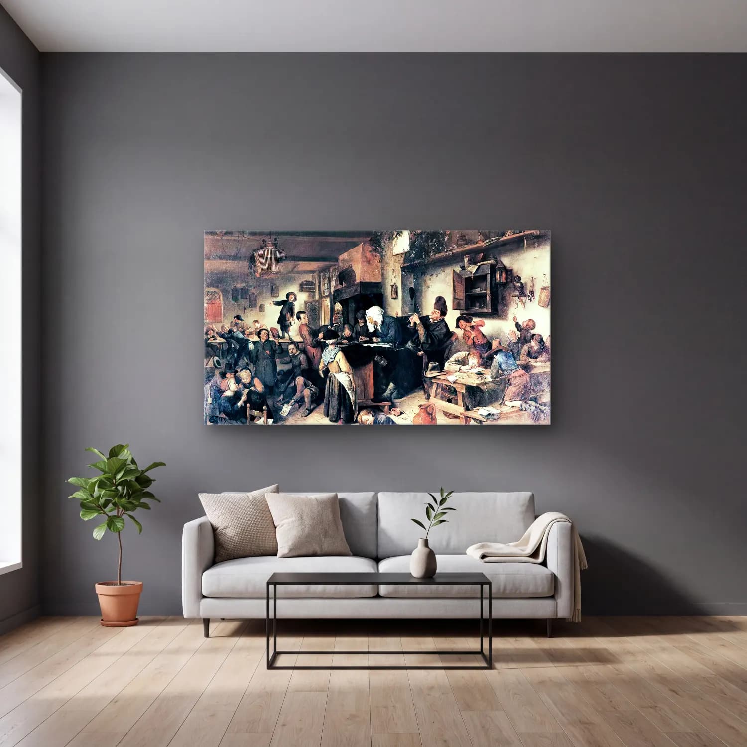 Jan Steen – The Village School cam tablo — gri duvarlı salonda