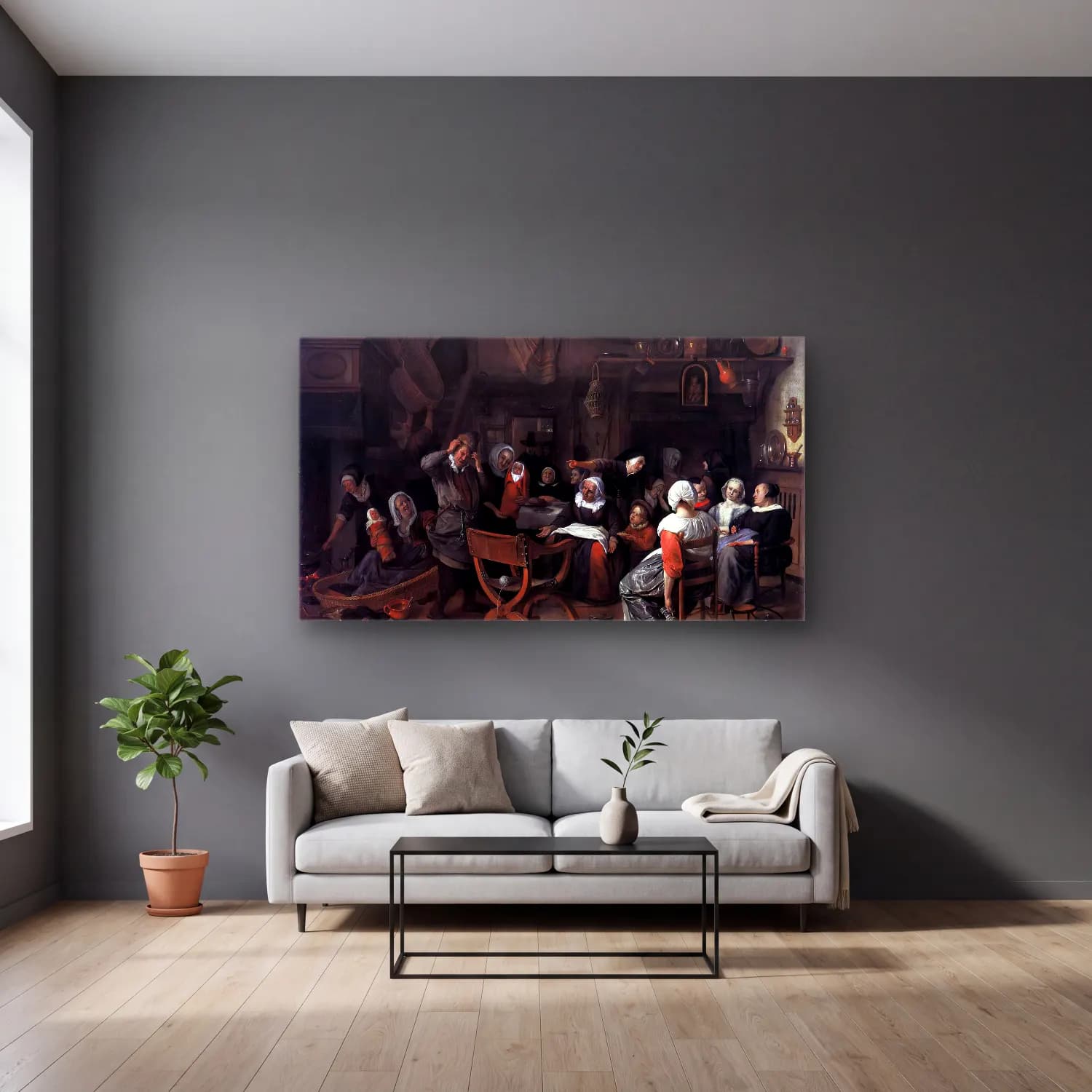 Jan Steen – Twin Birth Celebration cam tablo — gri duvarlı salonda