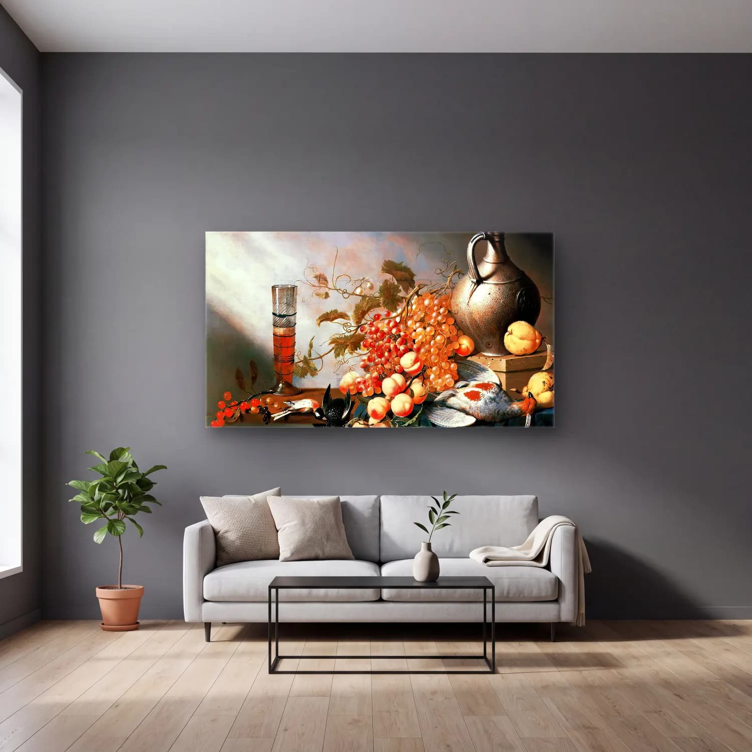 Harmen Steenwijck – Still-Life of Fruit and Dead Fowl cam tablo — gri duvarlı salonda