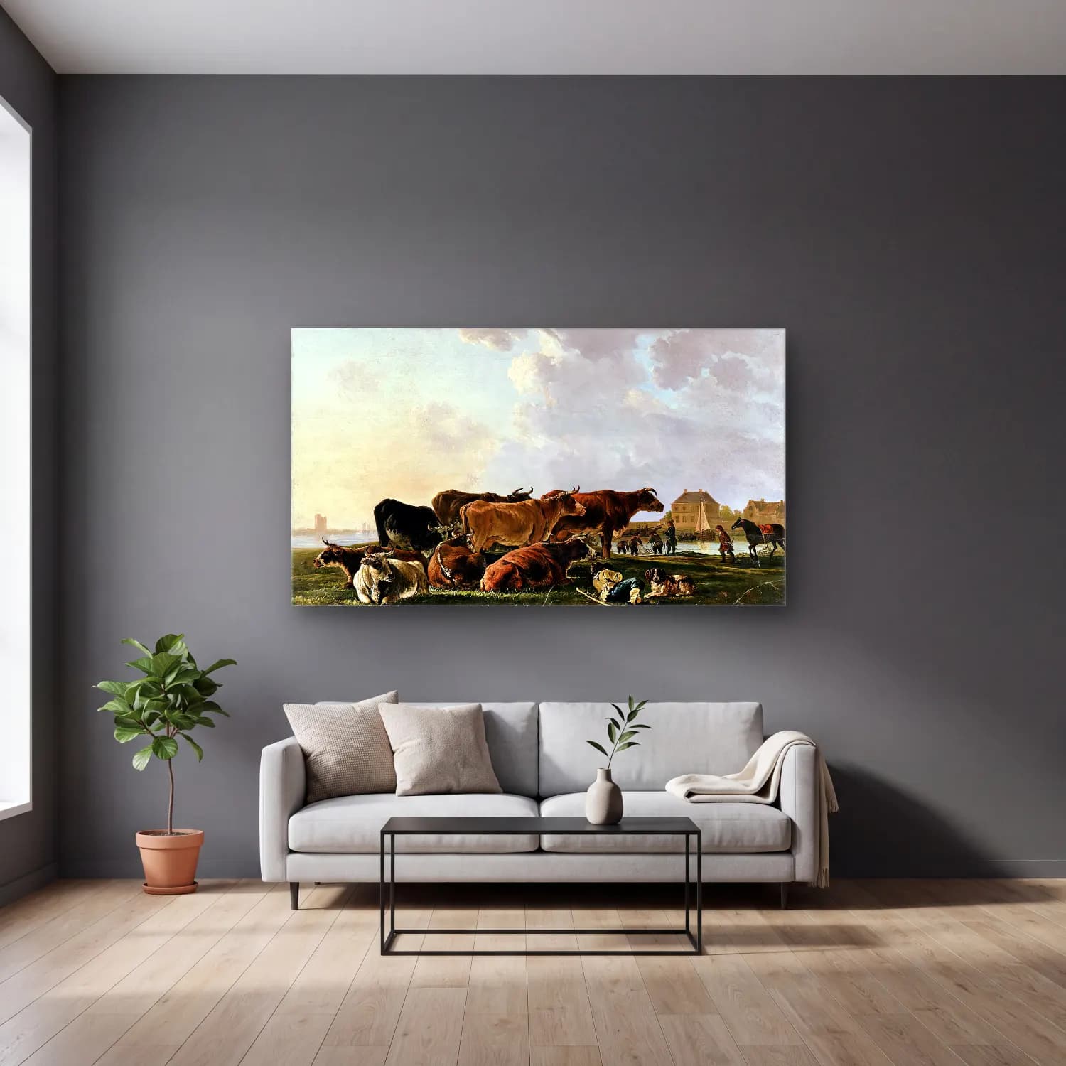 Jacob van Strij – Landscape with Cattle cam tablo — gri duvarlı salonda