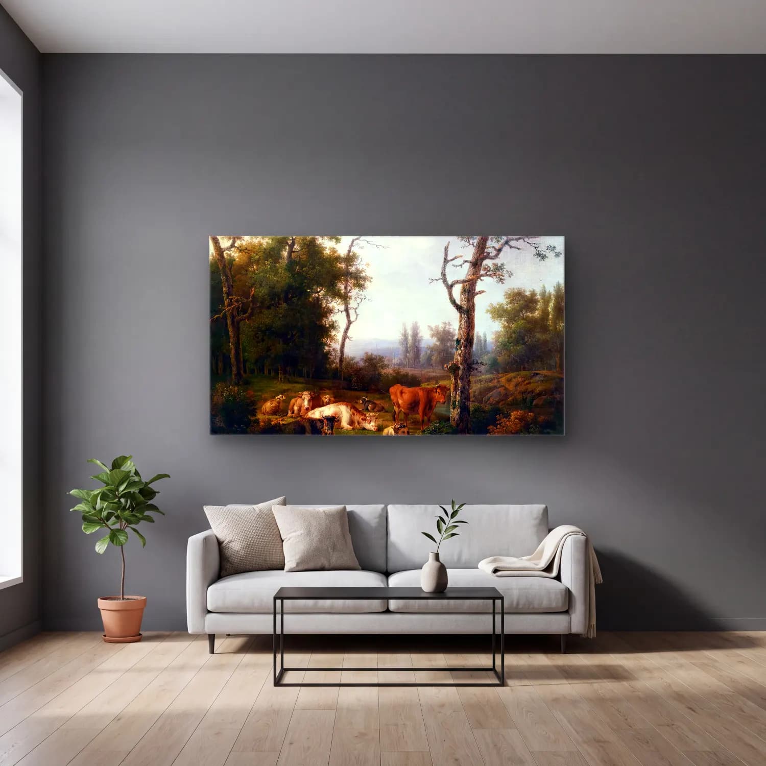 Jacob van Strij – Wooded Landscape with Resting Cattle cam tablo — gri duvarlı salonda