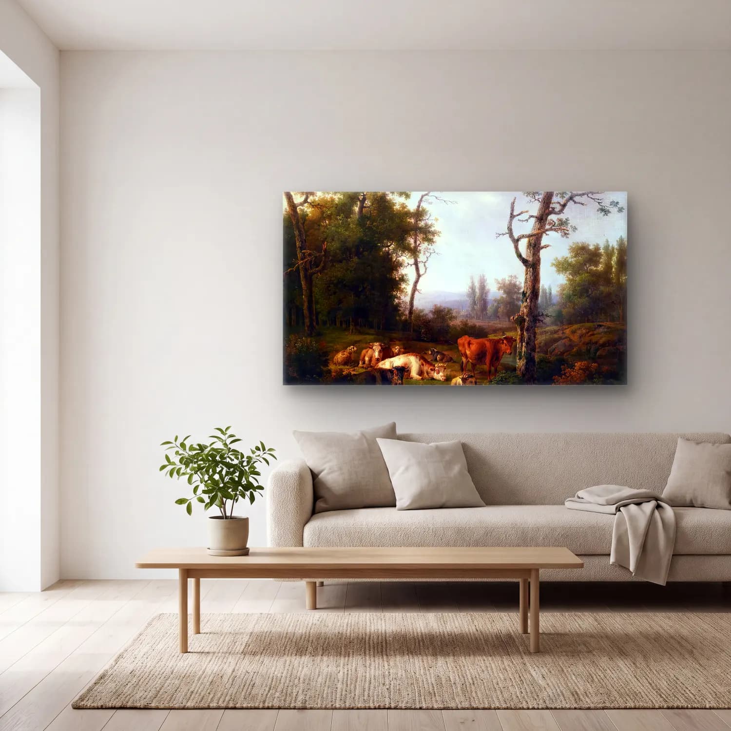 Jacob van Strij – Wooded Landscape with Resting Cattle cam tablo — açık renk salonda