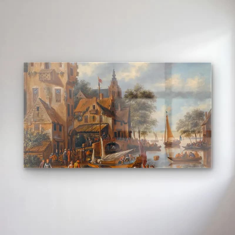Thomas Heeremans – A Town On The Banks Of A River With Figures At The Waterside cam tablo — Thomas Heeremans – A Town On The Banks Of A River With Figures At The Waterside — yağlı boya liman ve tekneler