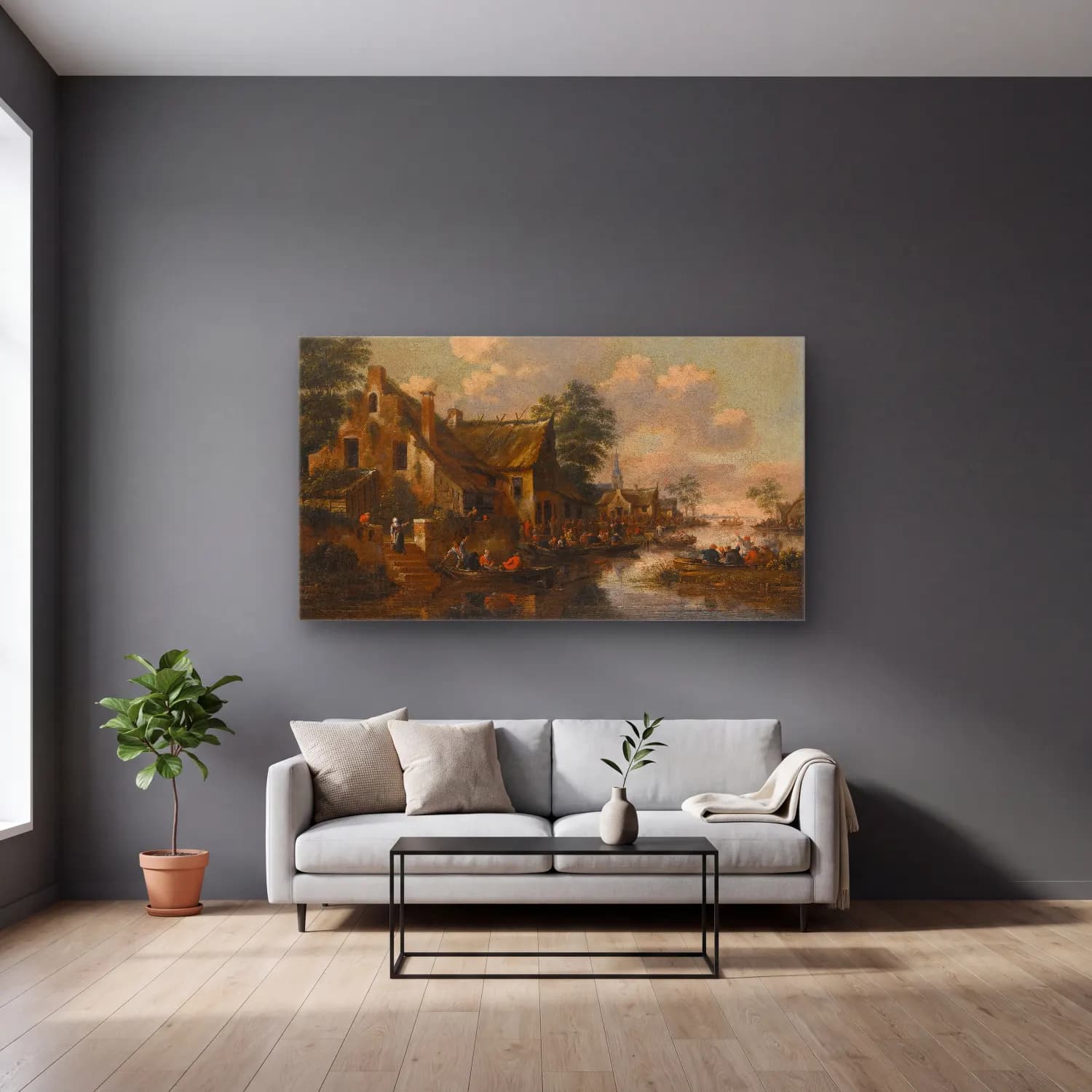 Thomas Heeremans – A Town On The Banks Of A River cam tablo — gri duvarlı salonda
