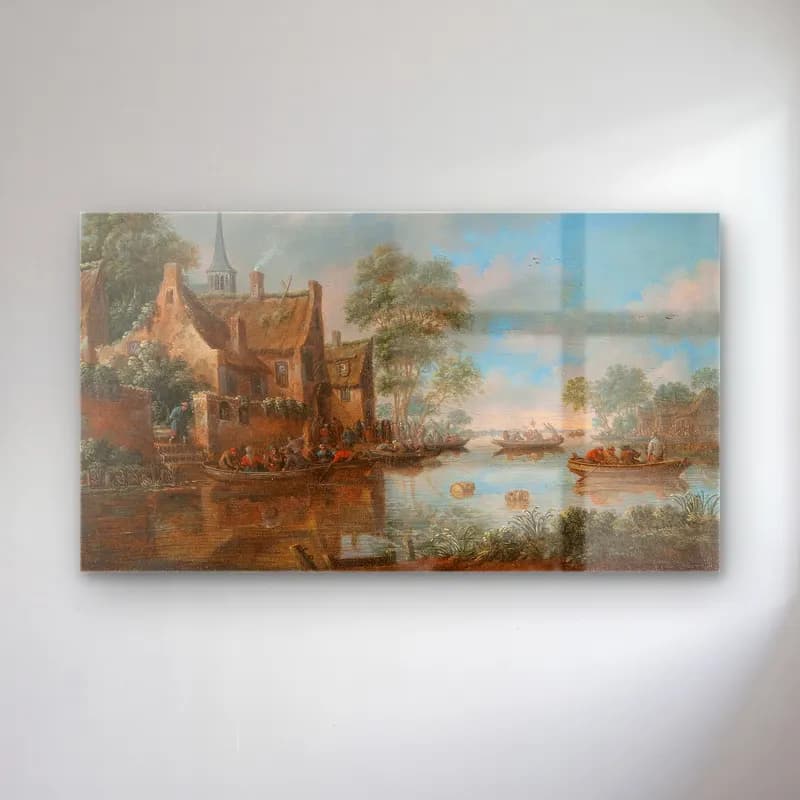 Thomas Heeremans – A river landscape with fishermen cam tablo — Thomas Heeremans – A river landscape with fishermen — yağlı boya liman ve tekneler