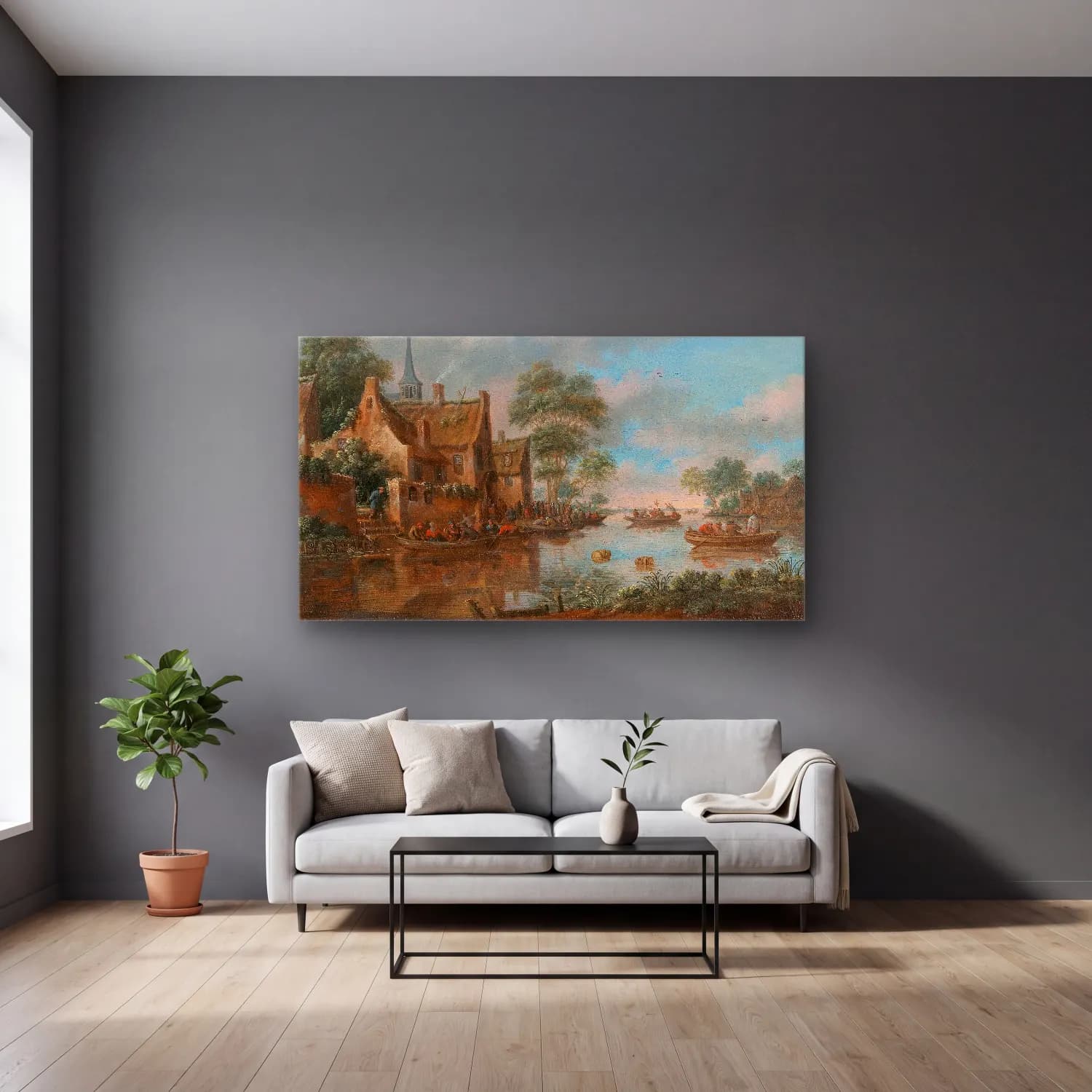 Thomas Heeremans – A river landscape with fishermen cam tablo — gri duvarlı salonda