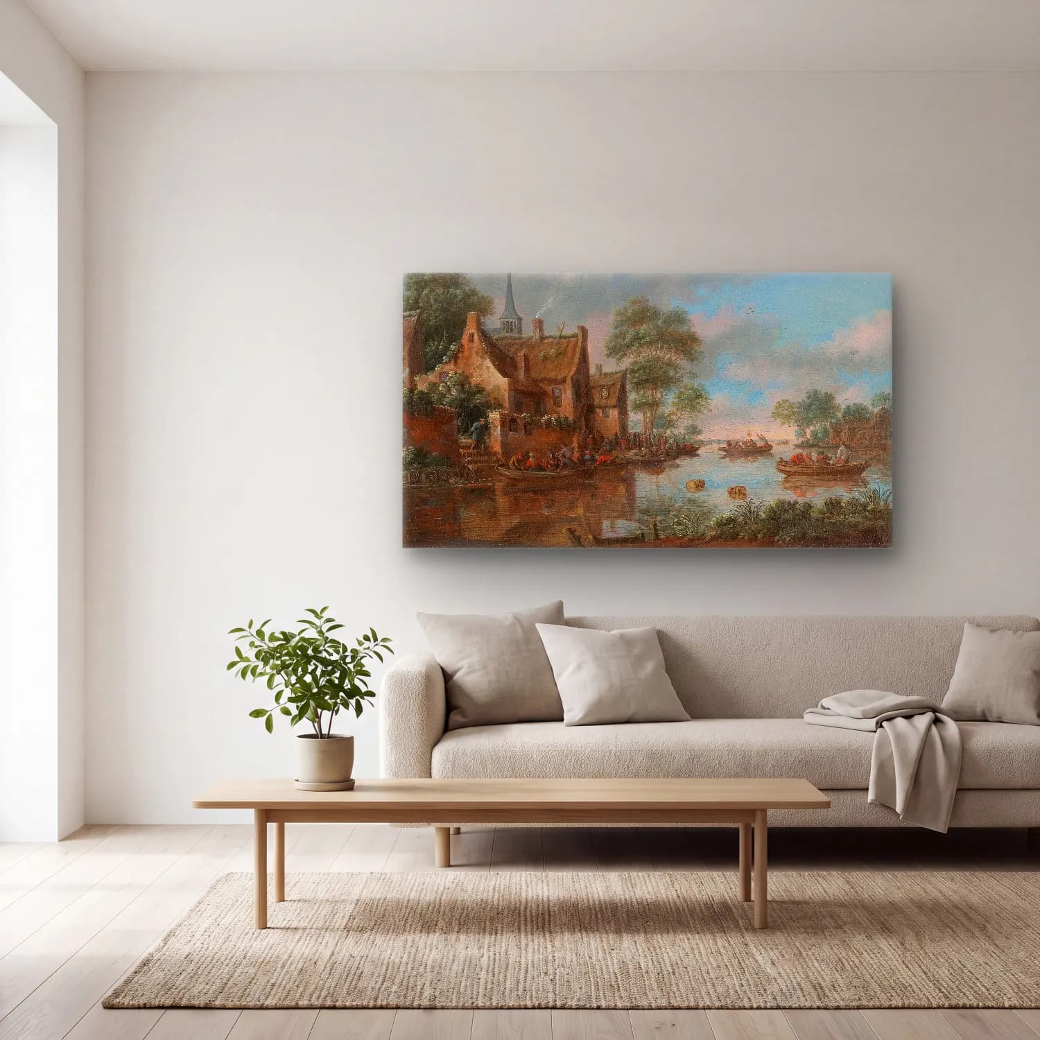 Thomas Heeremans – A river landscape with fishermen cam tablo — açık renk salonda
