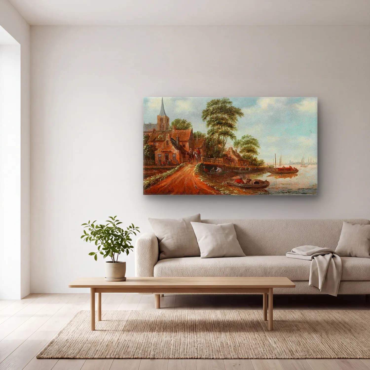 Thomas Heeremans – A village on the banks of a river cam tablo — açık renk salonda