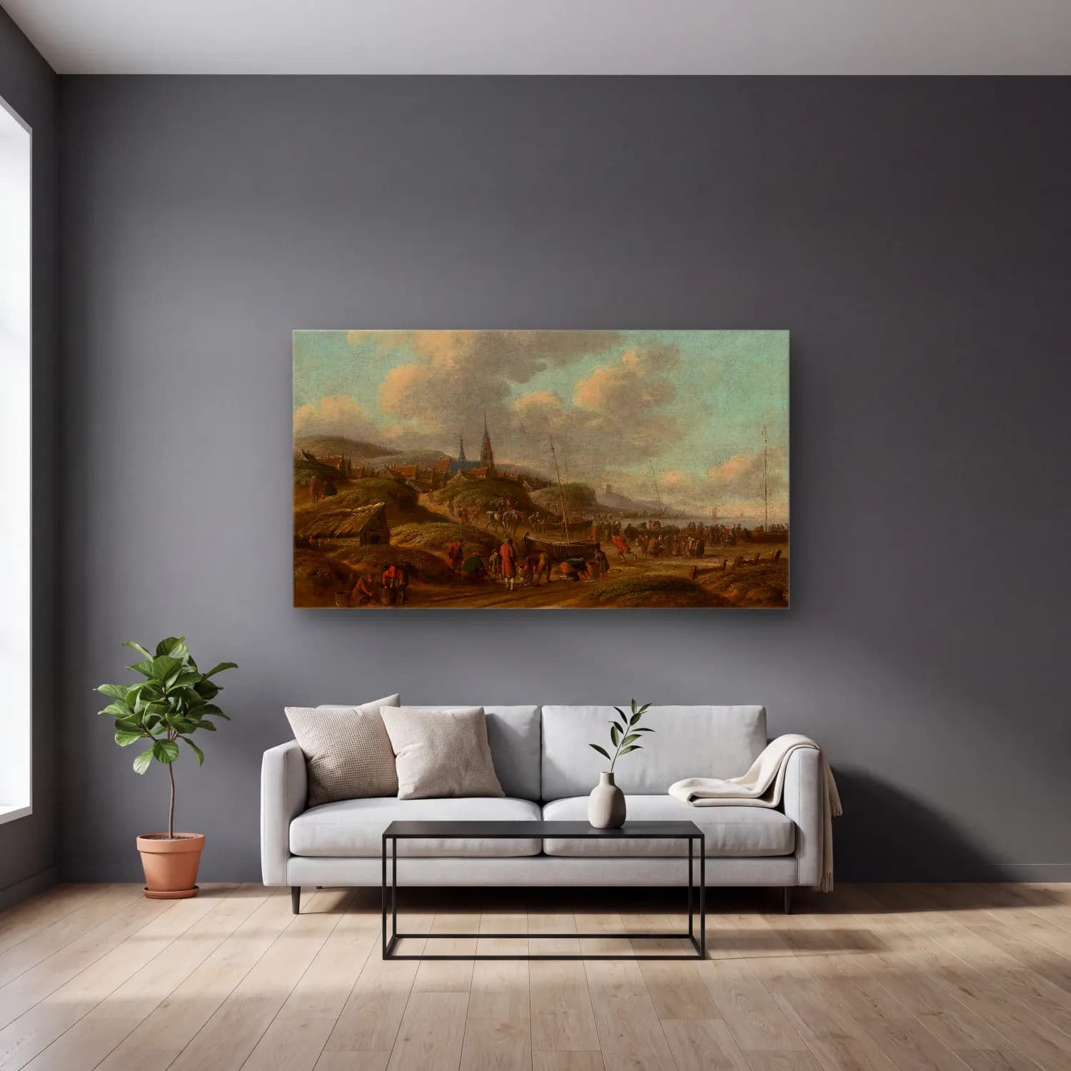 Thomas Heeremans – Coast in Scheveningen cam tablo — gri duvarlı salonda