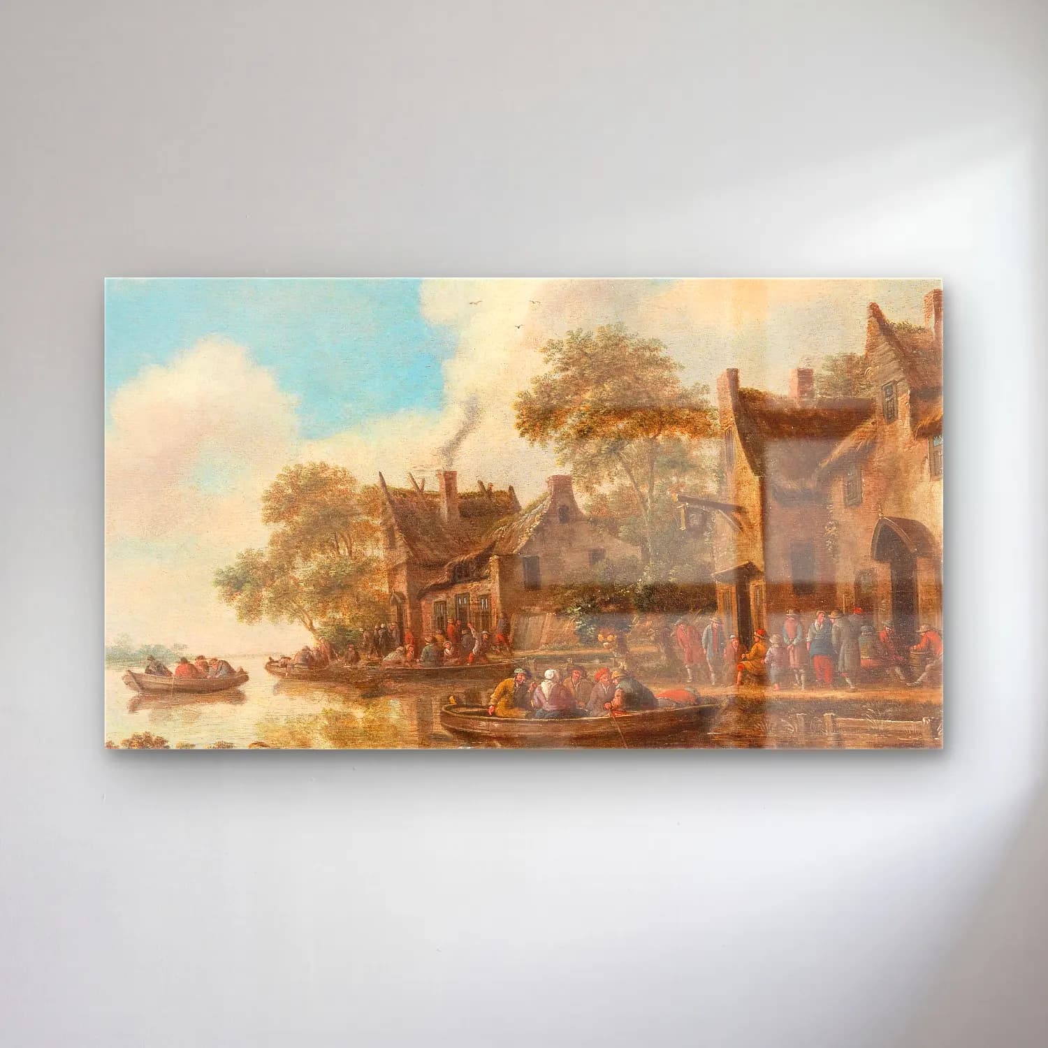 Thomas Heeremans – River landscape with ferry boats and a tavern cam tablo — Thomas Heeremans – River landscape with ferry boats and a tavern — yağlı boya köy sokağı