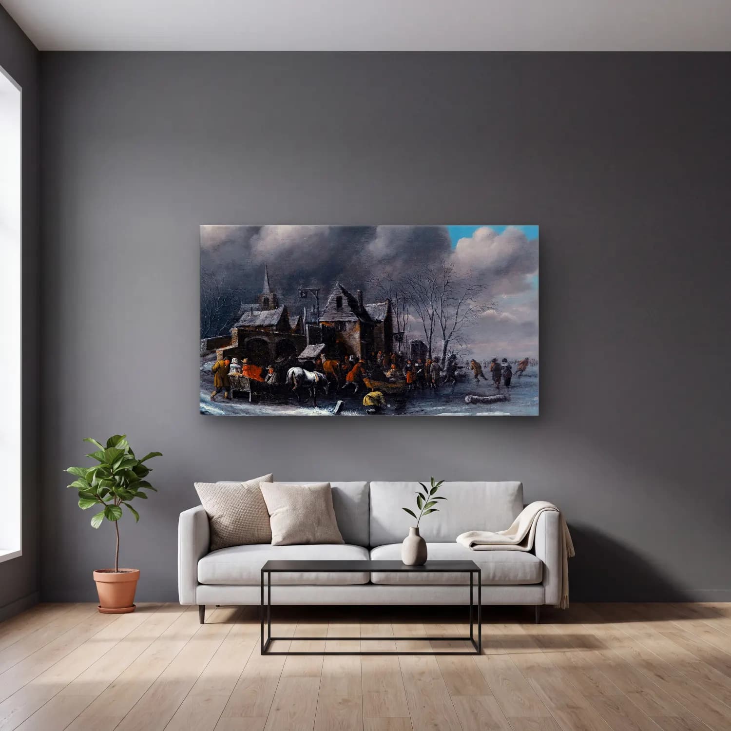 Thomas Heeremans – Skaters On A Frozen River cam tablo — gri duvarlı salonda