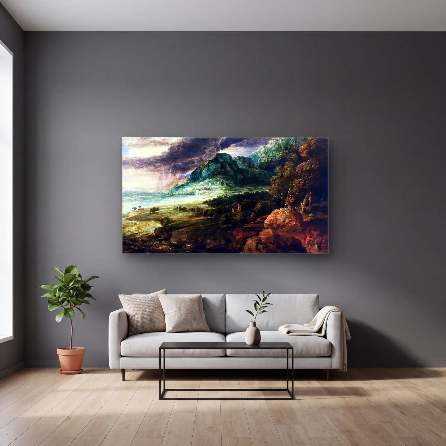 Lucas van Uden – Coastal Landscape with Storm cam tablo — gri duvarlı salonda