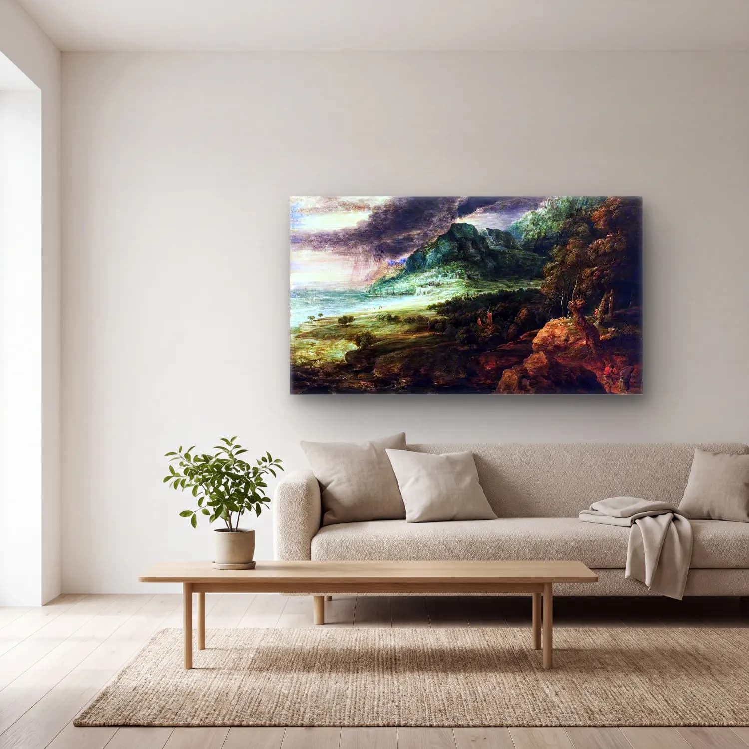 Lucas van Uden – Coastal Landscape with Storm cam tablo — açık renk salonda
