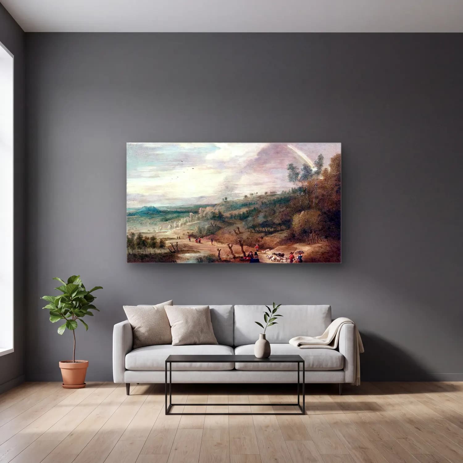 Lucas van Uden – Extensive Landscape cam tablo — gri duvarlı salonda