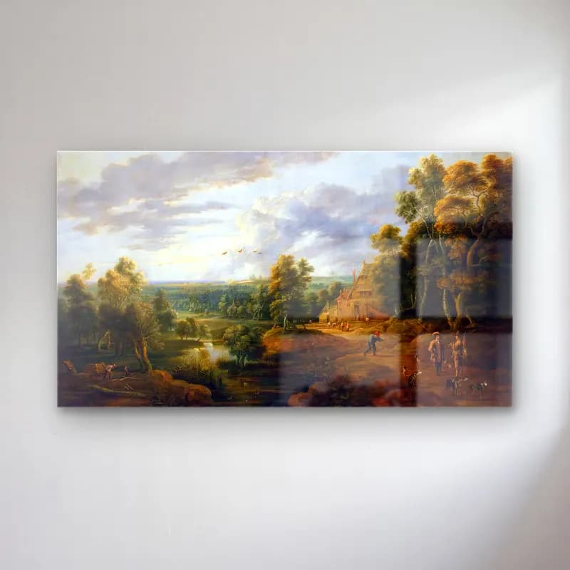 Lucas van Uden – Landscape with Hunters cam tablo — Lucas van Uden – Landscape with Hunters — yağlı boya kırda nehir