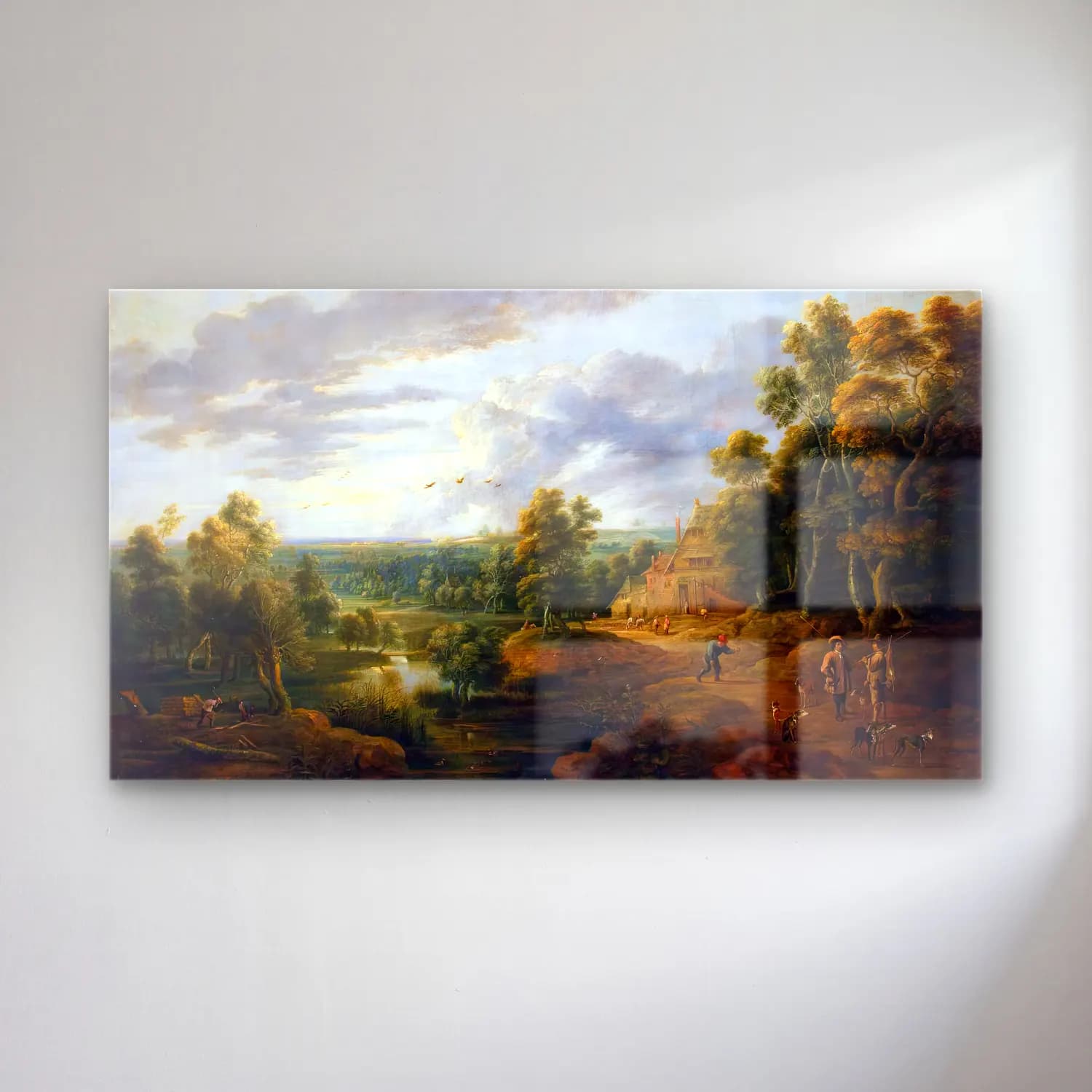 Lucas van Uden – Landscape with Hunters cam tablo — Lucas van Uden – Landscape with Hunters — yağlı boya kırda nehir