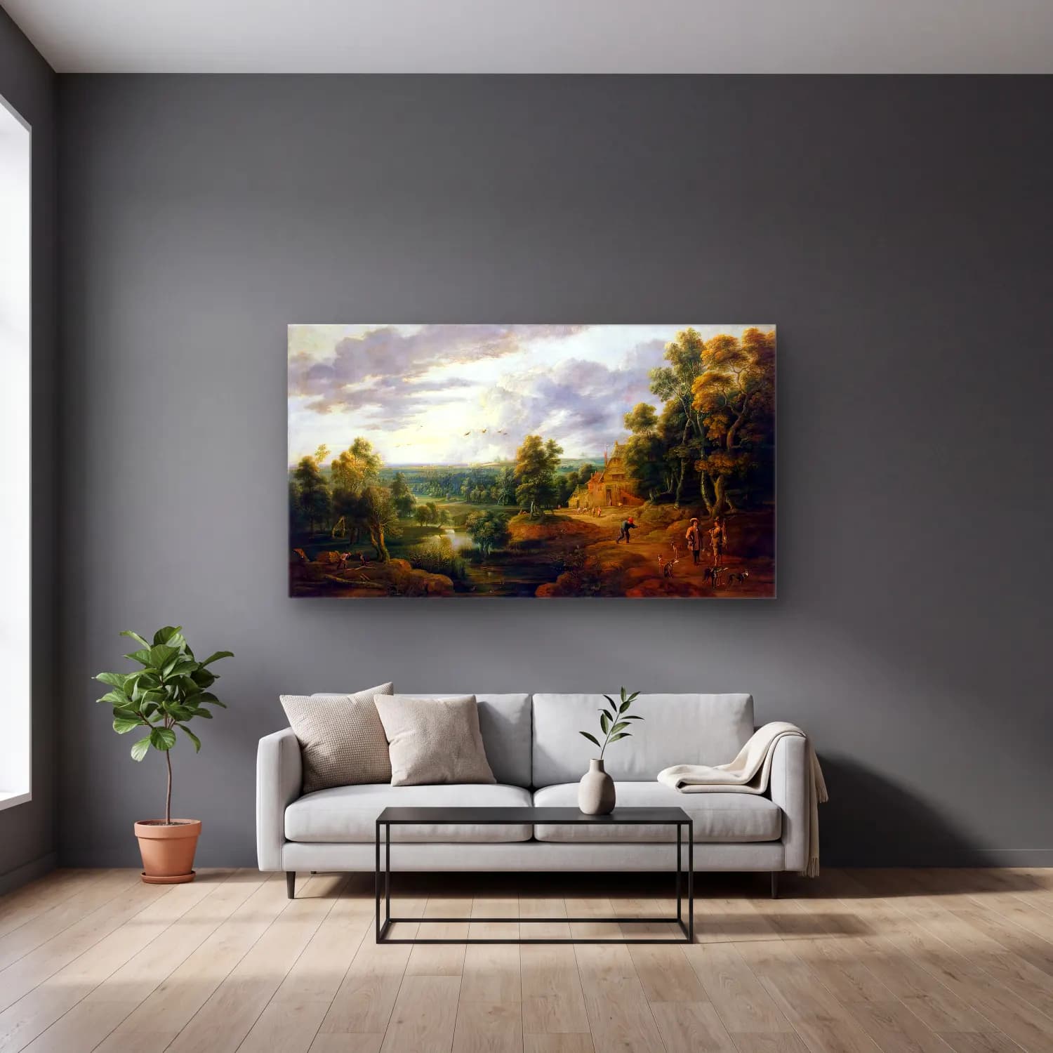 Lucas van Uden – Landscape with Hunters cam tablo — gri duvarlı salonda