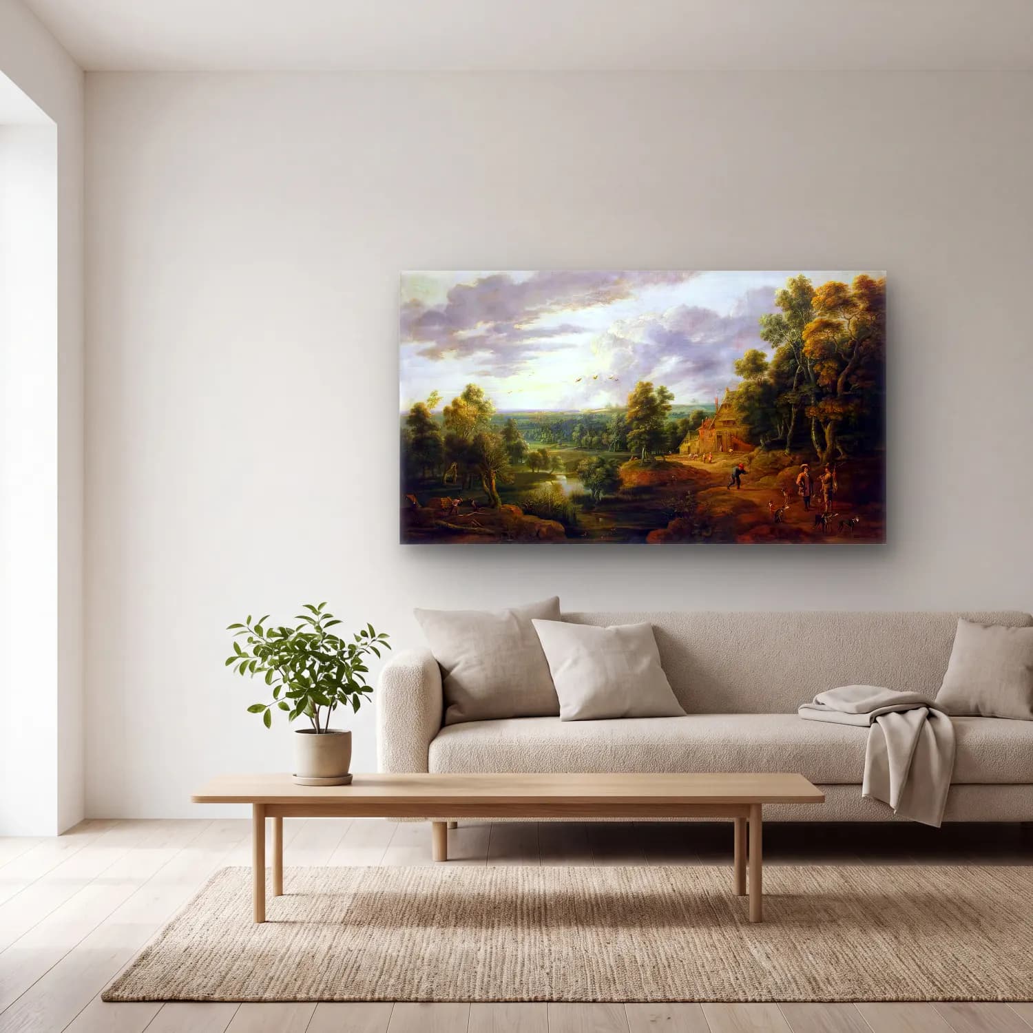 Lucas van Uden – Landscape with Hunters cam tablo — açık renk salonda