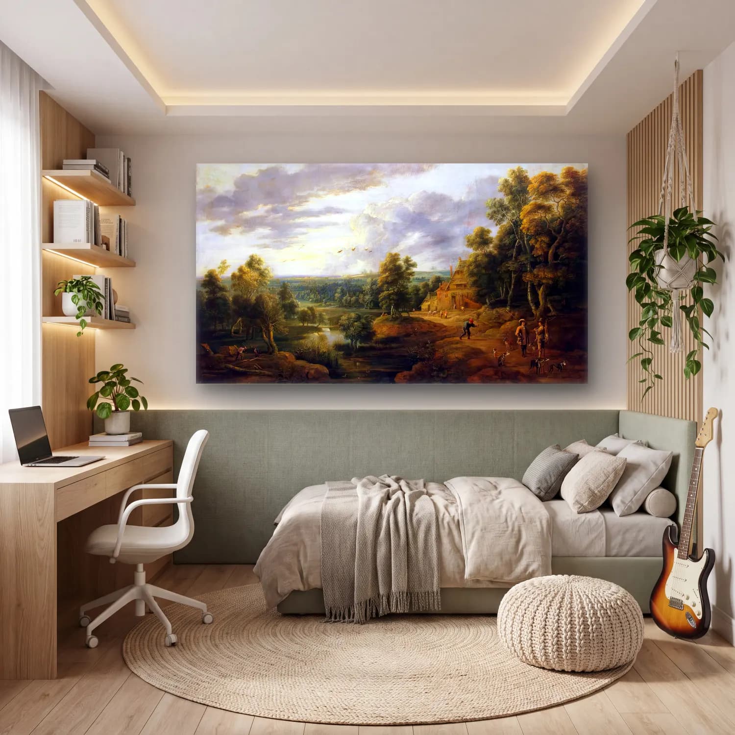 Lucas van Uden – Landscape with Hunters cam tablo — genç odasında